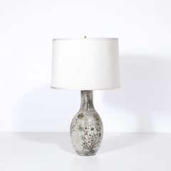 Mid-Century Gray Glazed Ceramic Table Lamp with Floral Motifs by Paul Quéré