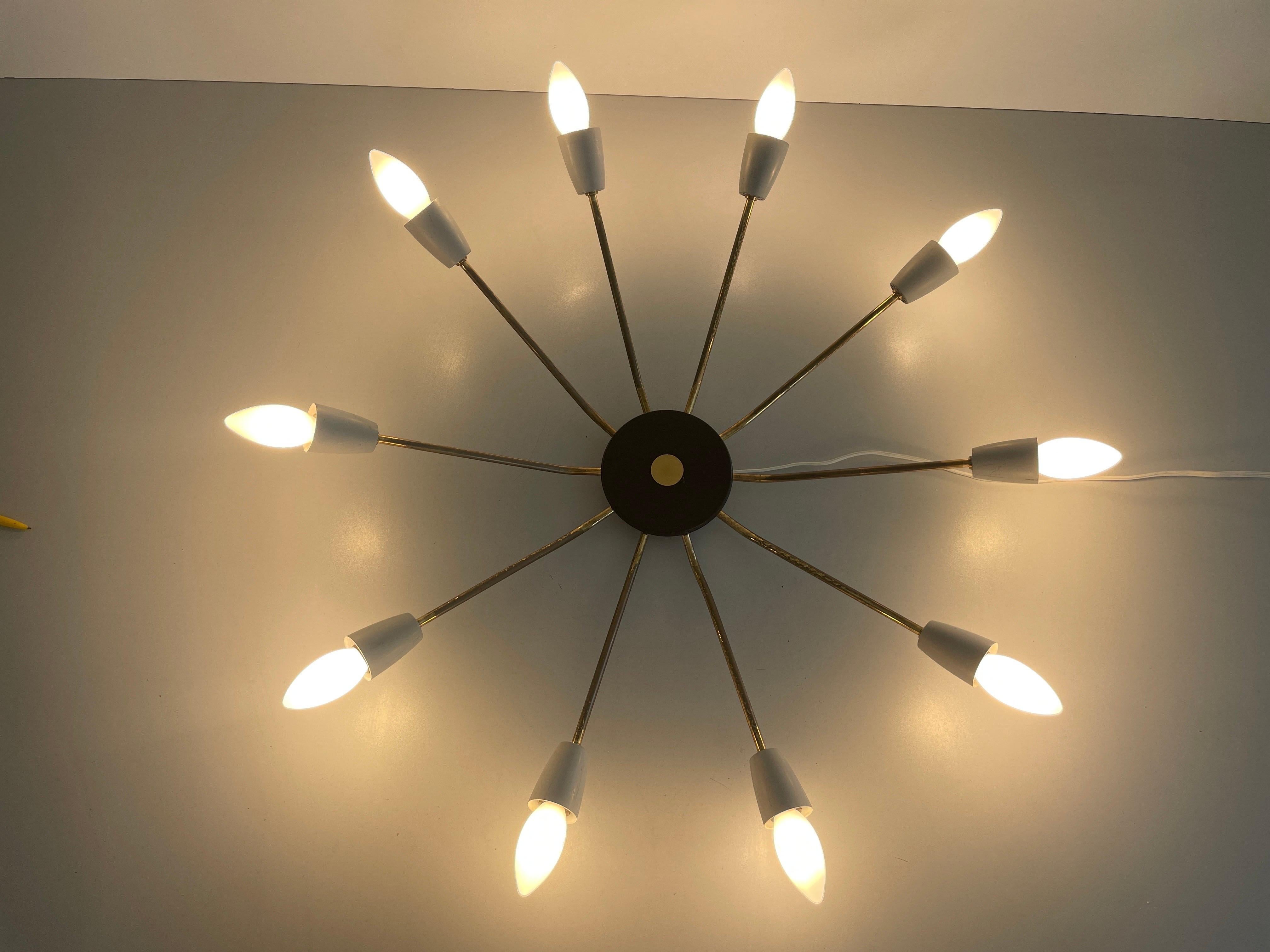 Mid-century Gray Metal and Brass Body 10-armed Ceiling Lamp, 1950s, Germany For Sale 6