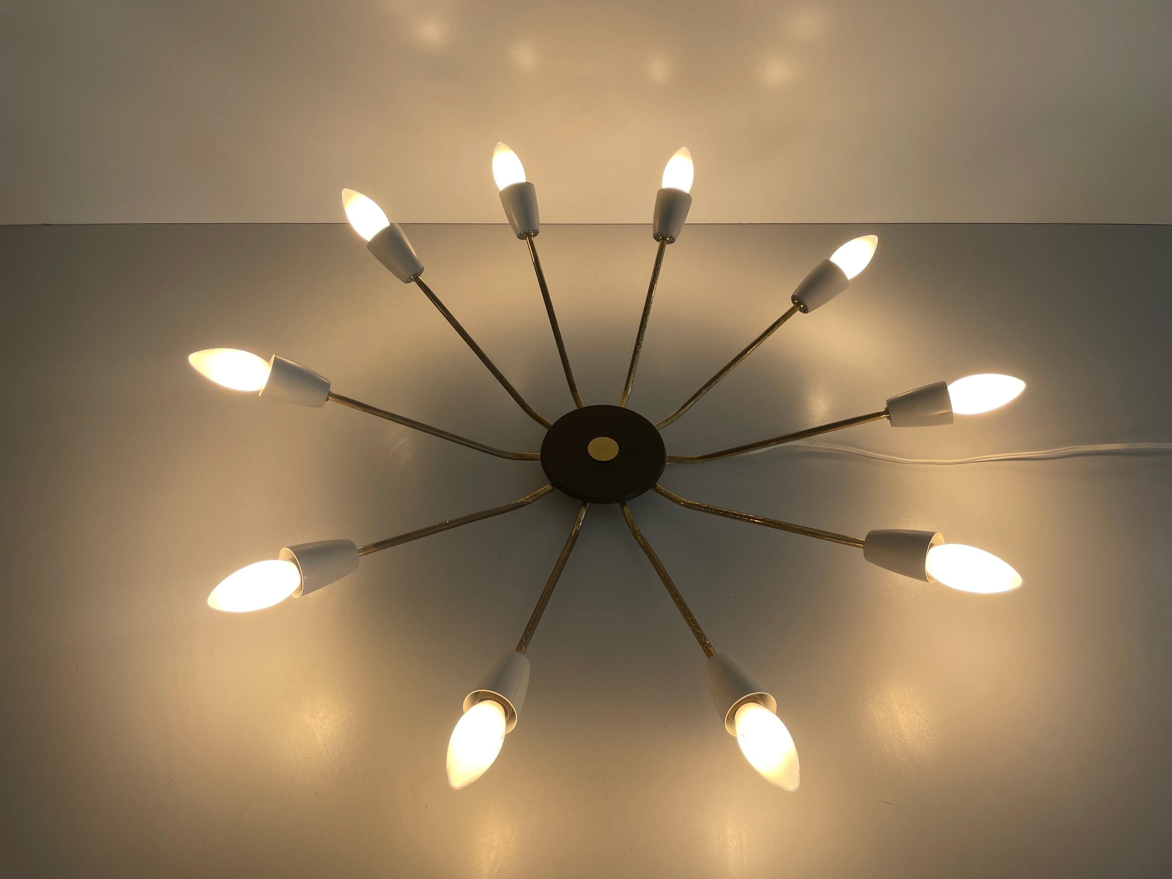 Mid-century Gray Metal and Brass Body 10-armed Ceiling Lamp, 1950s, Germany For Sale 7