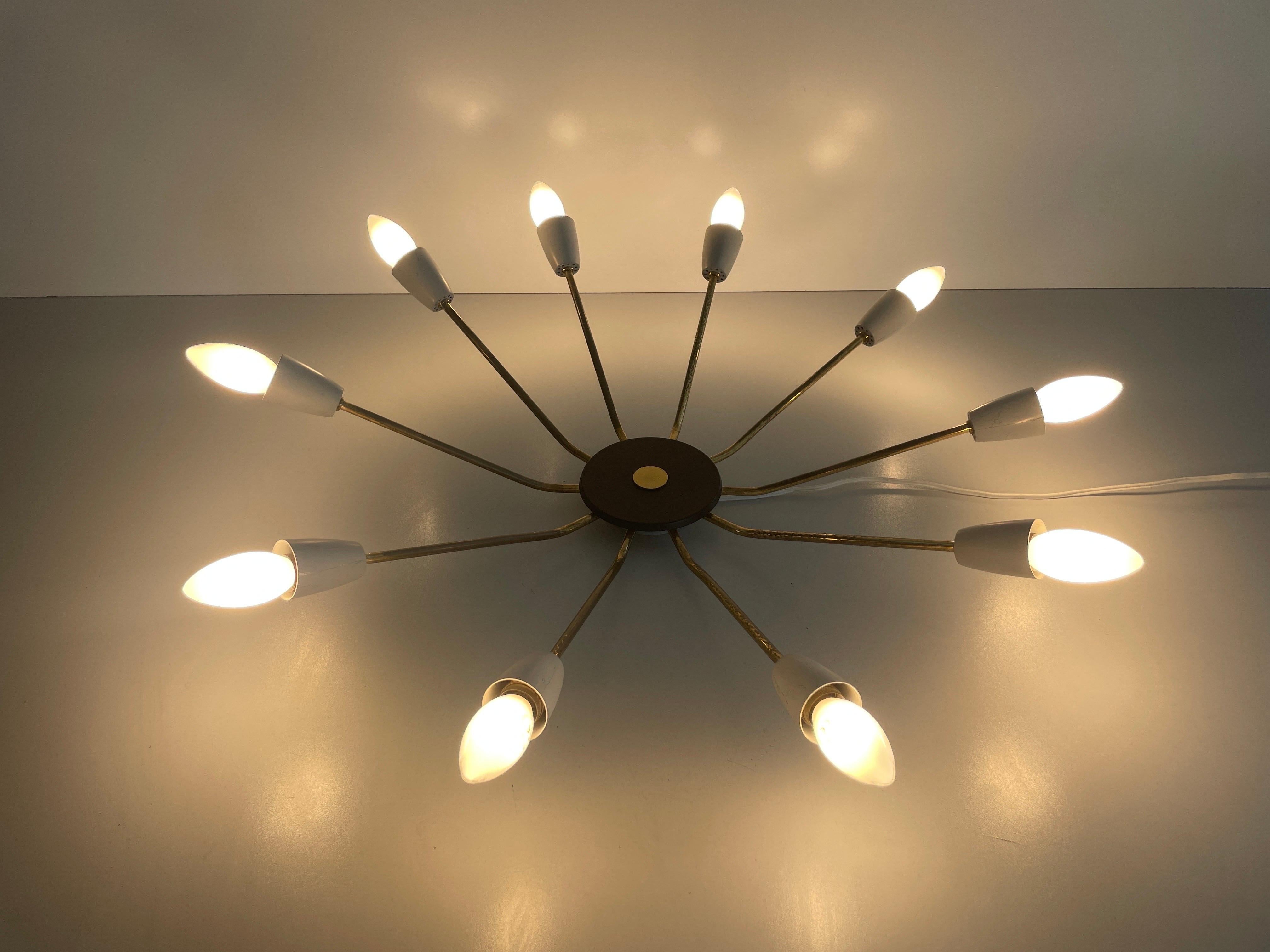 Mid-century Gray Metal and Brass Body 10-armed Ceiling Lamp, 1950s, Germany For Sale 8
