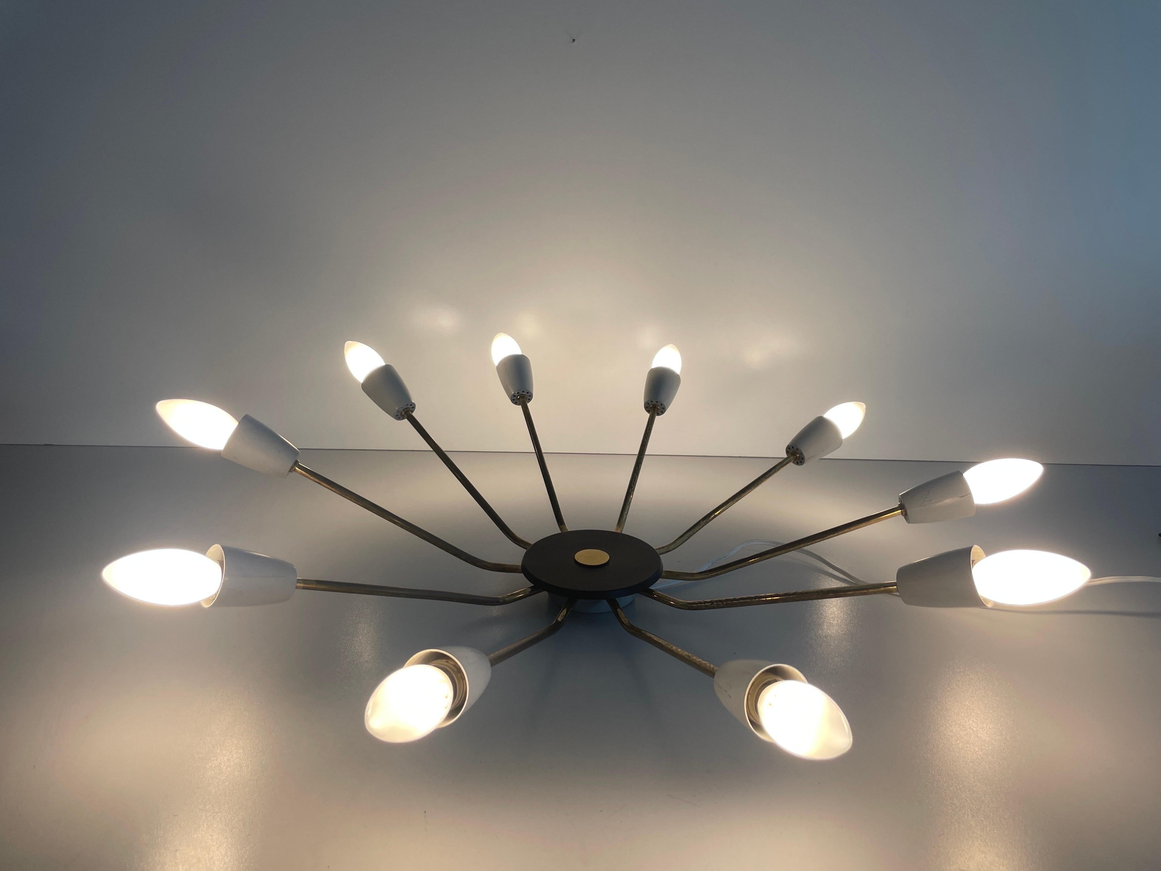 Mid-century Gray Metal and Brass Body 10-armed Ceiling Lamp, 1950s, Germany For Sale 9