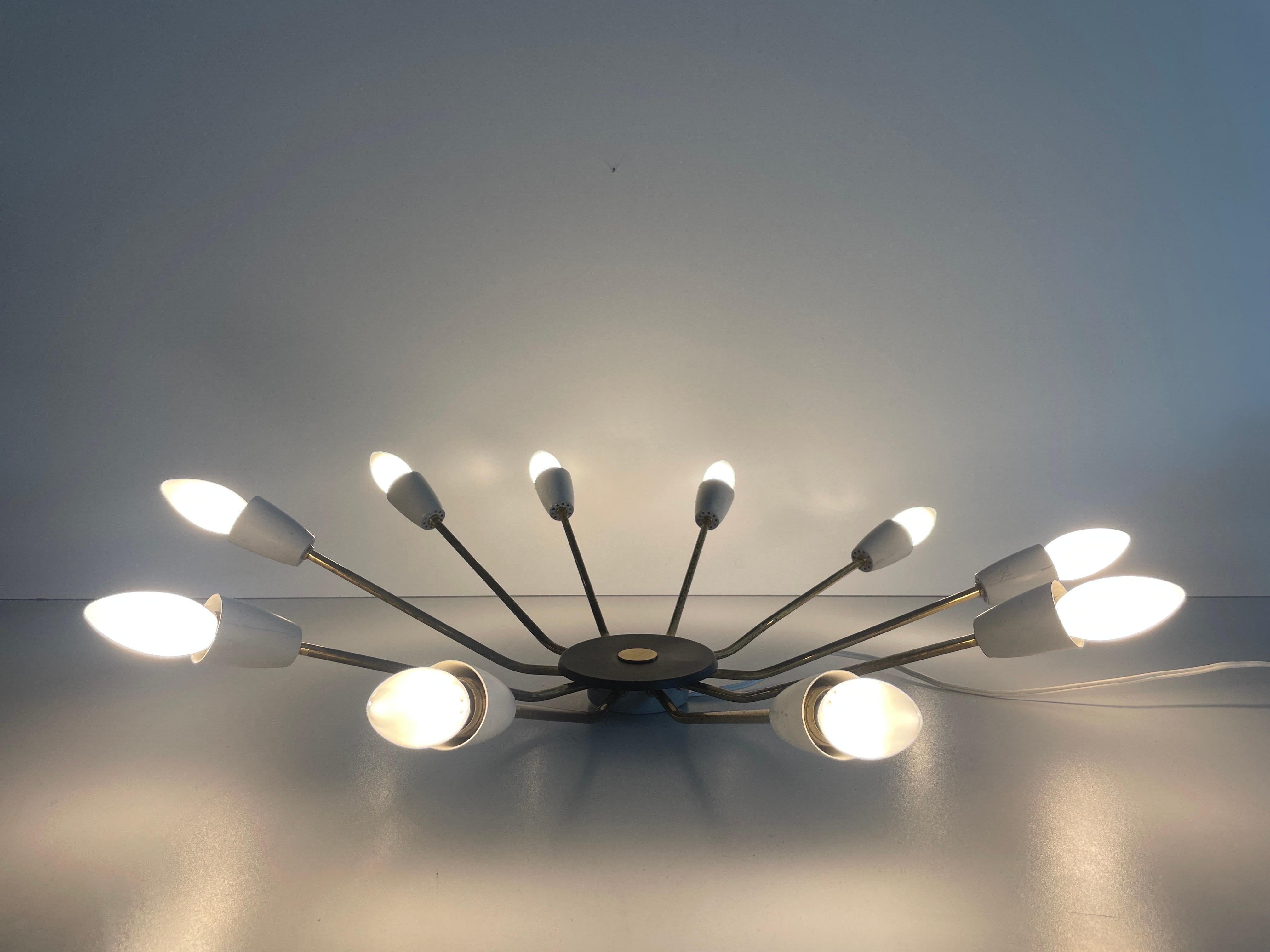 Mid-century Gray Metal and Brass Body 10-armed Ceiling Lamp, 1950s, Germany For Sale 10