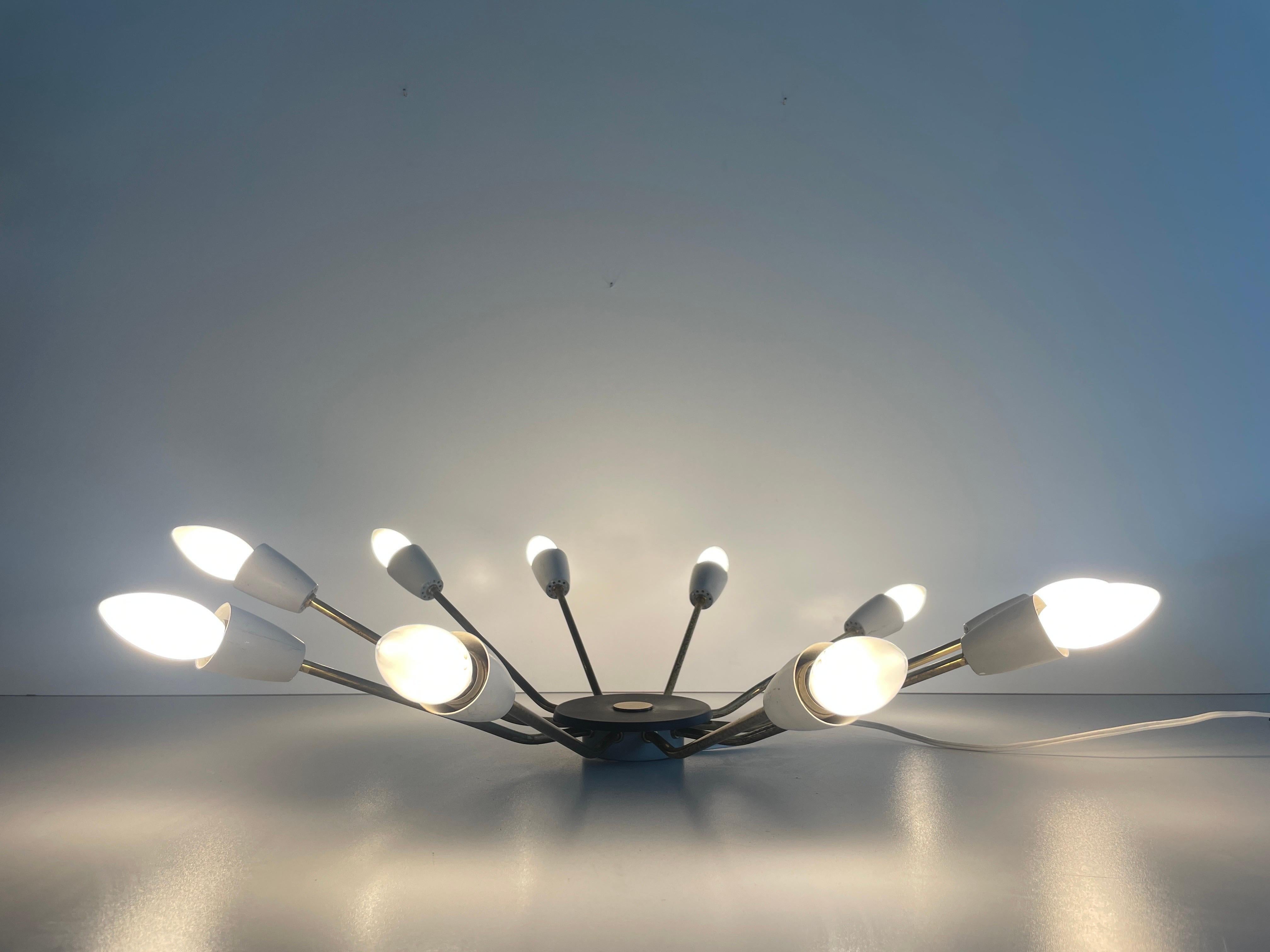 Mid-century Gray Metal and Brass Body 10-armed Ceiling Lamp, 1950s, Germany For Sale 11