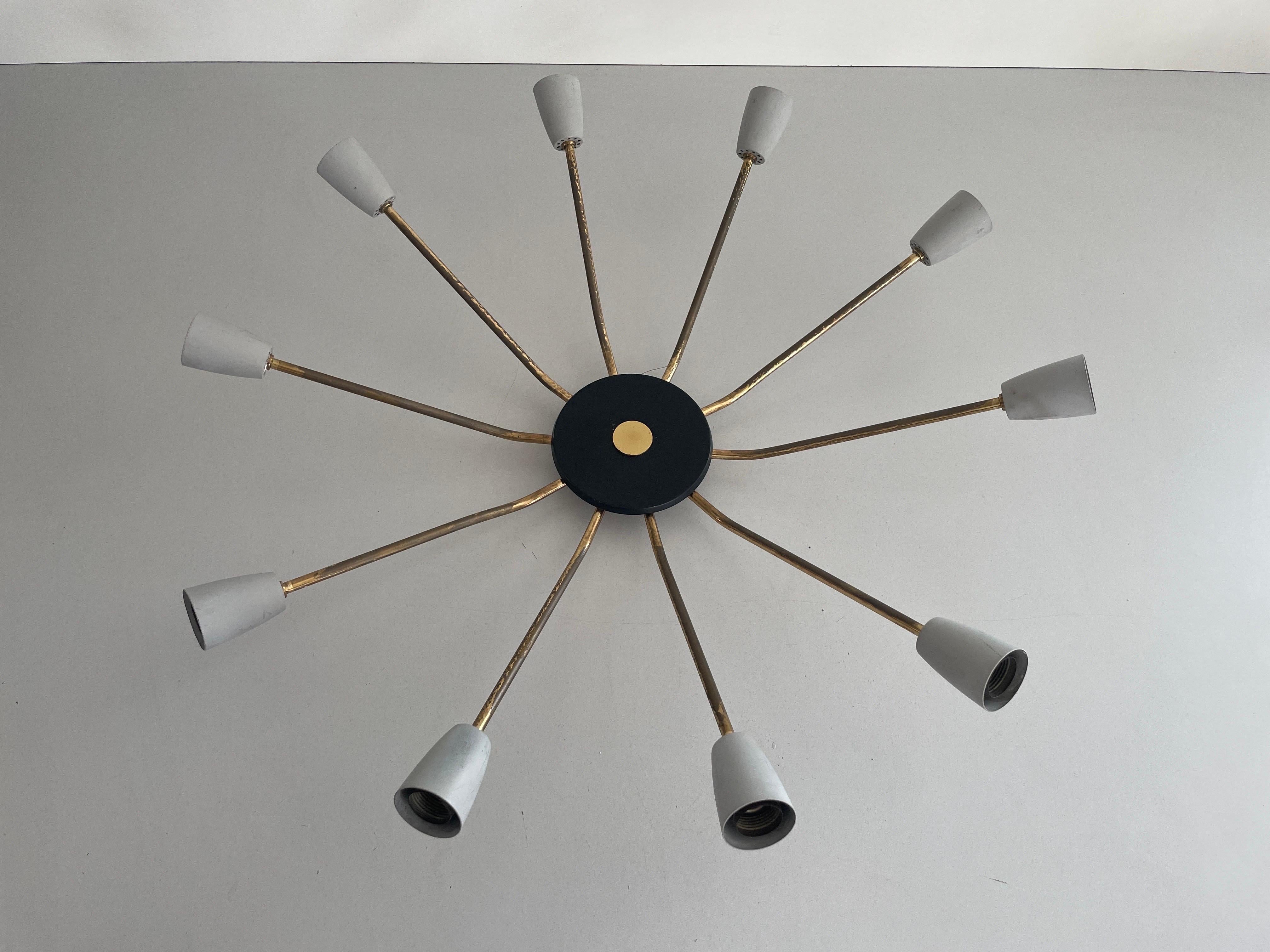 Mid-century Gray Metal and Brass Body 10-armed Ceiling Lamp, 1950s, Germany In Excellent Condition For Sale In Hagenbach, DE