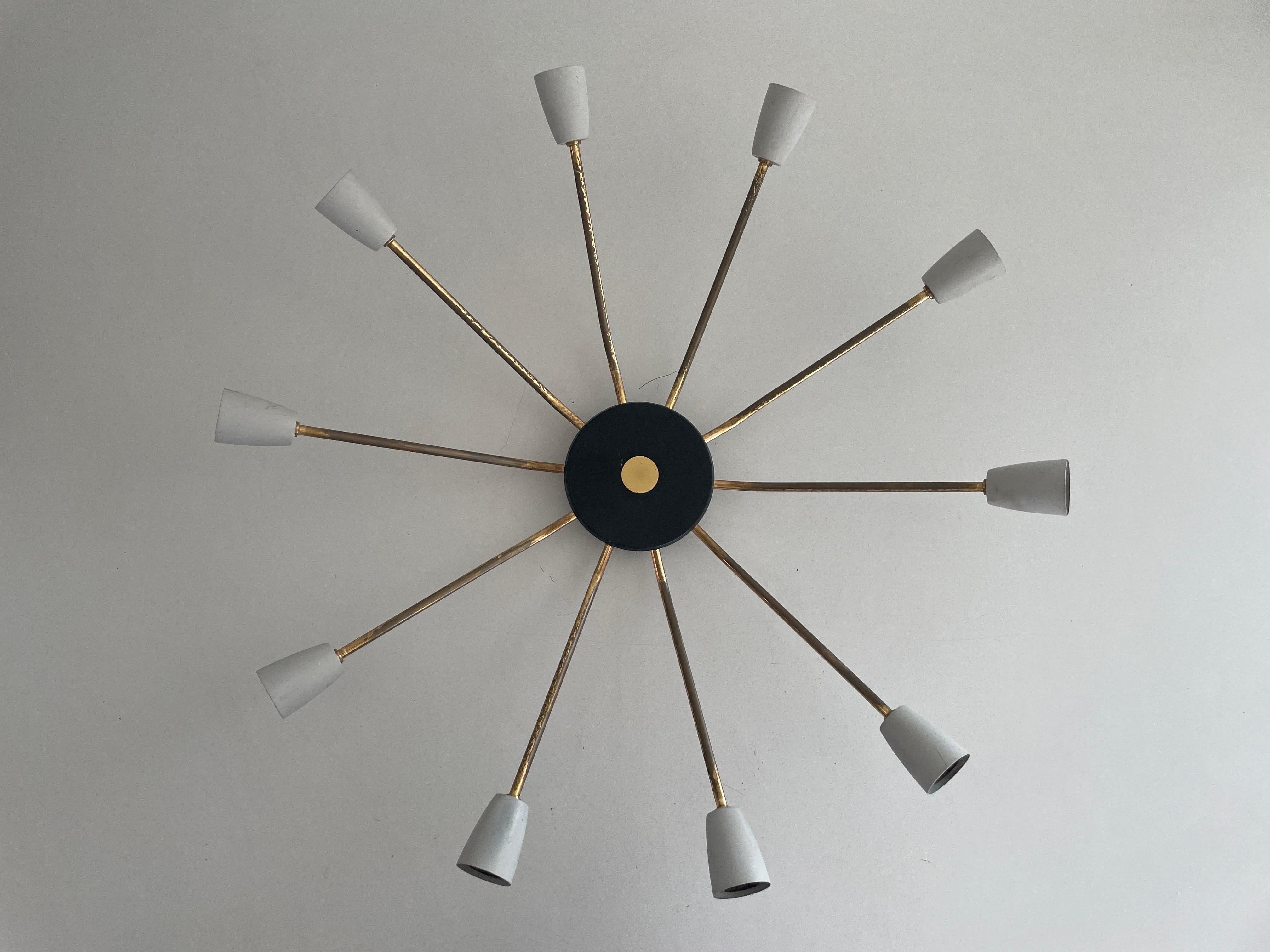 Mid-20th Century Mid-century Gray Metal and Brass Body 10-armed Ceiling Lamp, 1950s, Germany For Sale