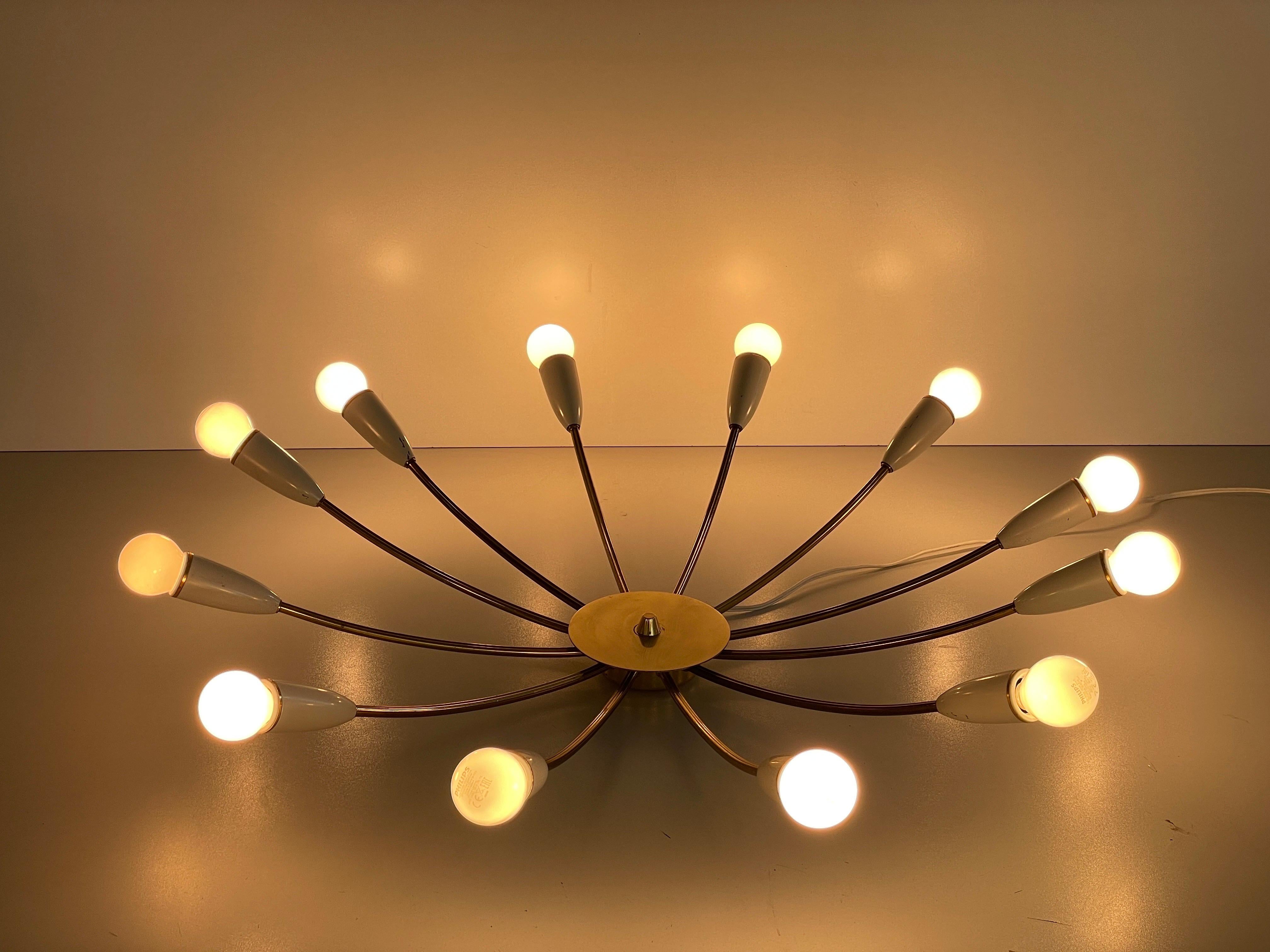 Mid-century Gray Metal and Brass Body 12-armed Ceiling Lamp, 1950s, Germany in vendita 5