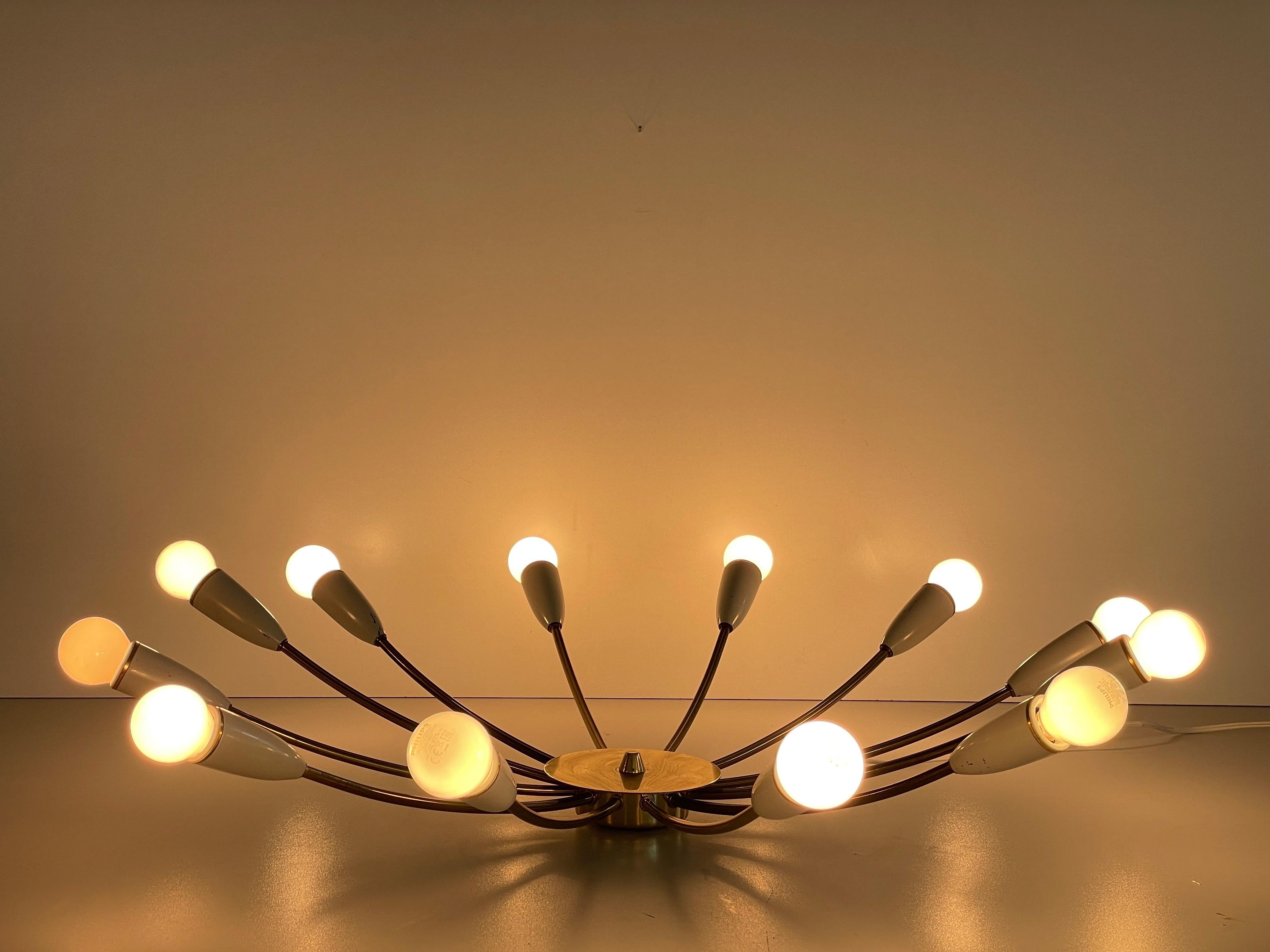 Mid-century Gray Metal and Brass Body 12-armed Ceiling Lamp, 1950s, Germany in vendita 7