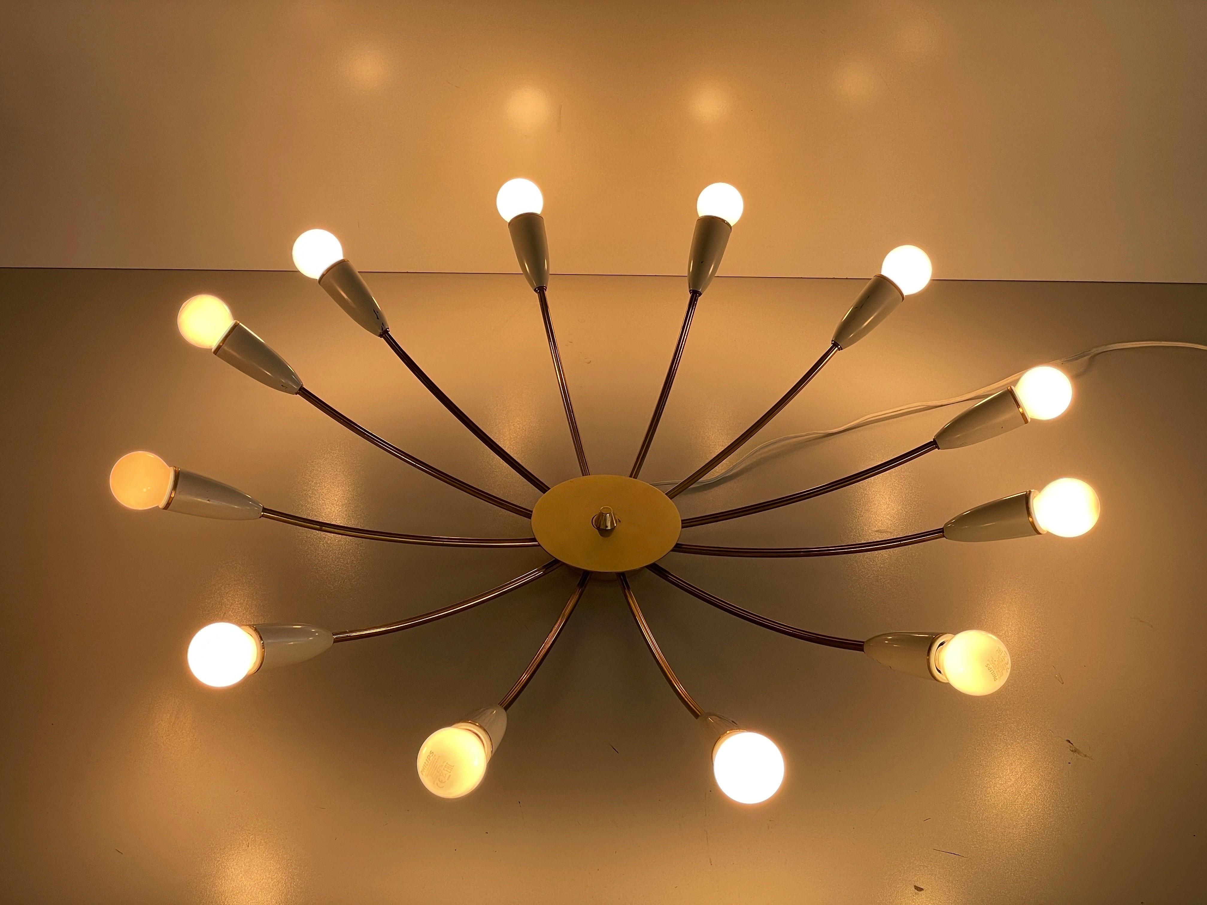 Mid-century Gray Metal and Brass Body 12-armed Ceiling Lamp, 1950s, Germany in vendita 8