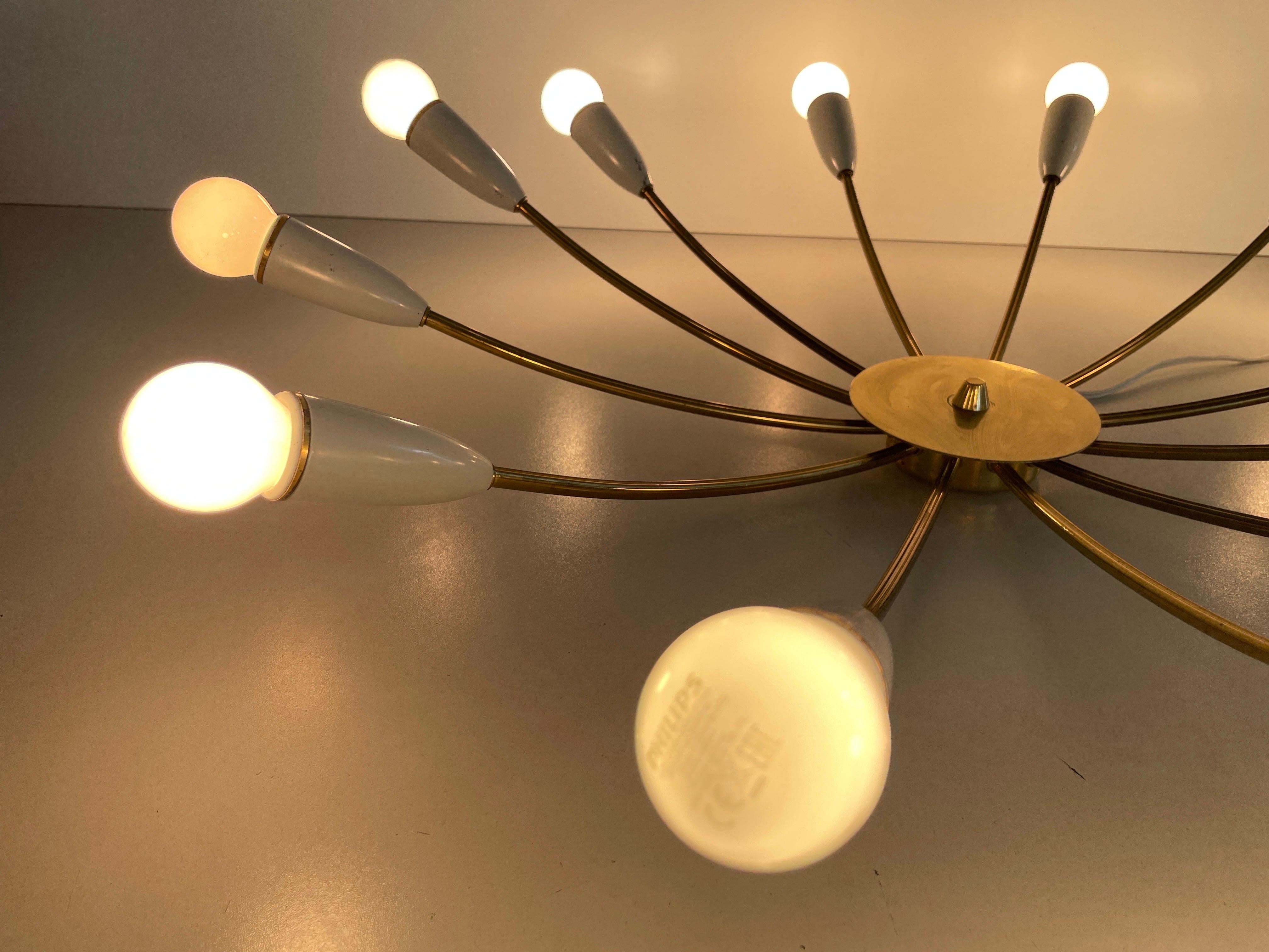 Mid-century Gray Metal and Brass Body 12-armed Ceiling Lamp, 1950s, Germany in vendita 10