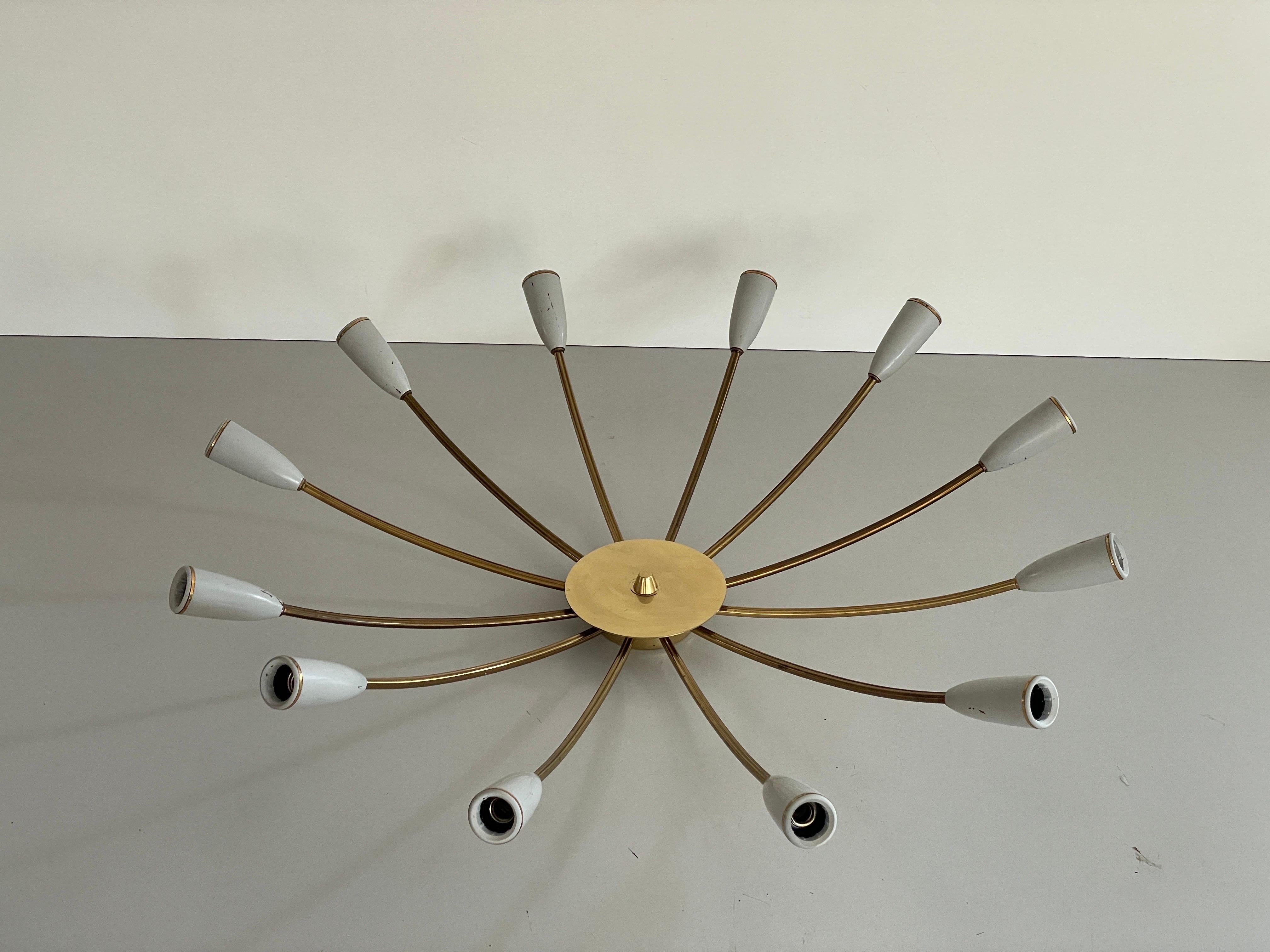 Mid-century Gray metal and Brass body 12-armed Sputnik Ceiling Lamp, 1950s, Germany

This lamp works with 12x E14  light bulb. 
Wired and suitable to use with 220V and 110V for all countries.

Measurements: 
Shade diameter and height: 72 cm and 15 cm