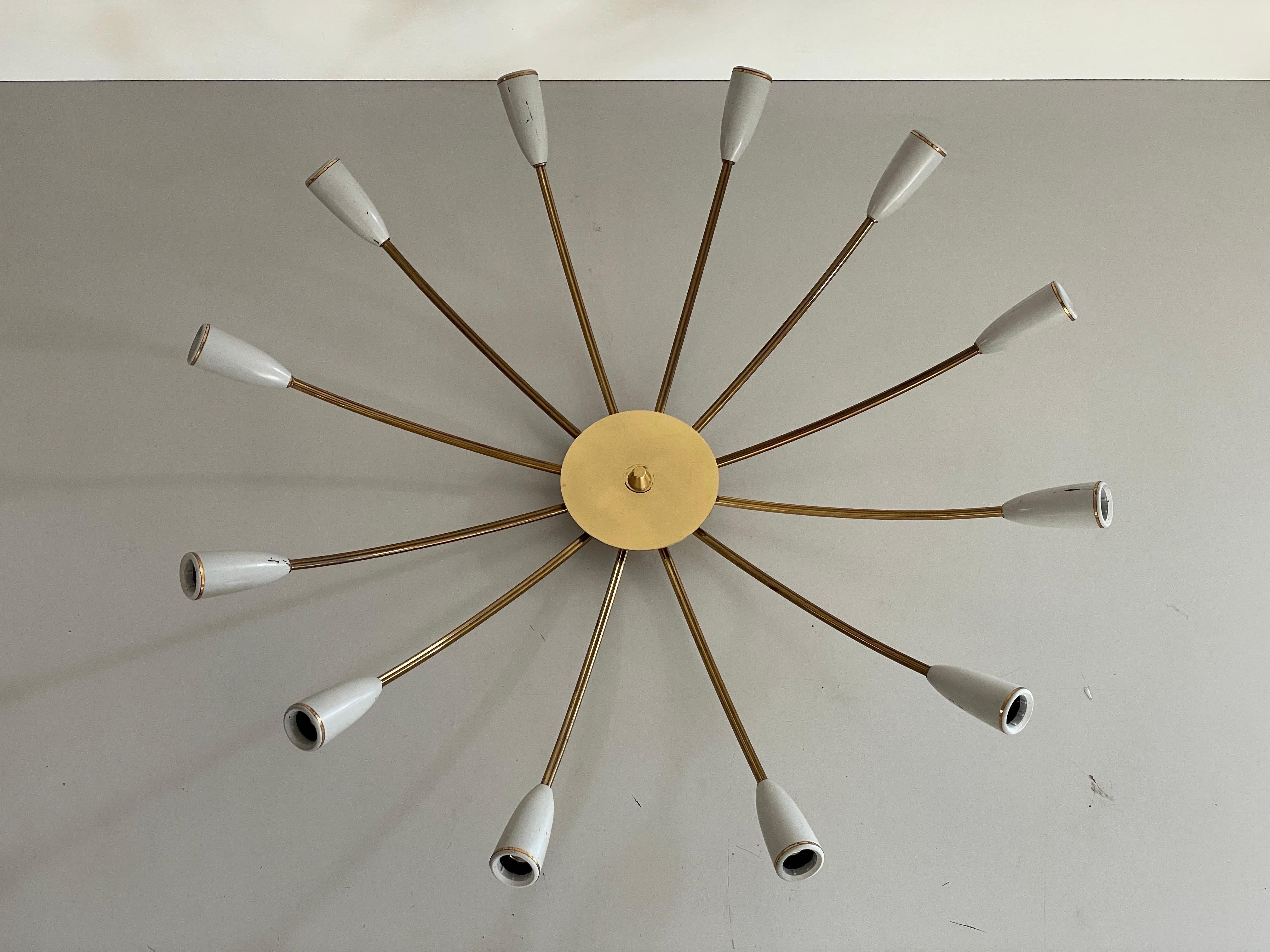 Mid-Century moderno Mid-century Gray Metal and Brass Body 12-armed Ceiling Lamp, 1950s, Germany in vendita