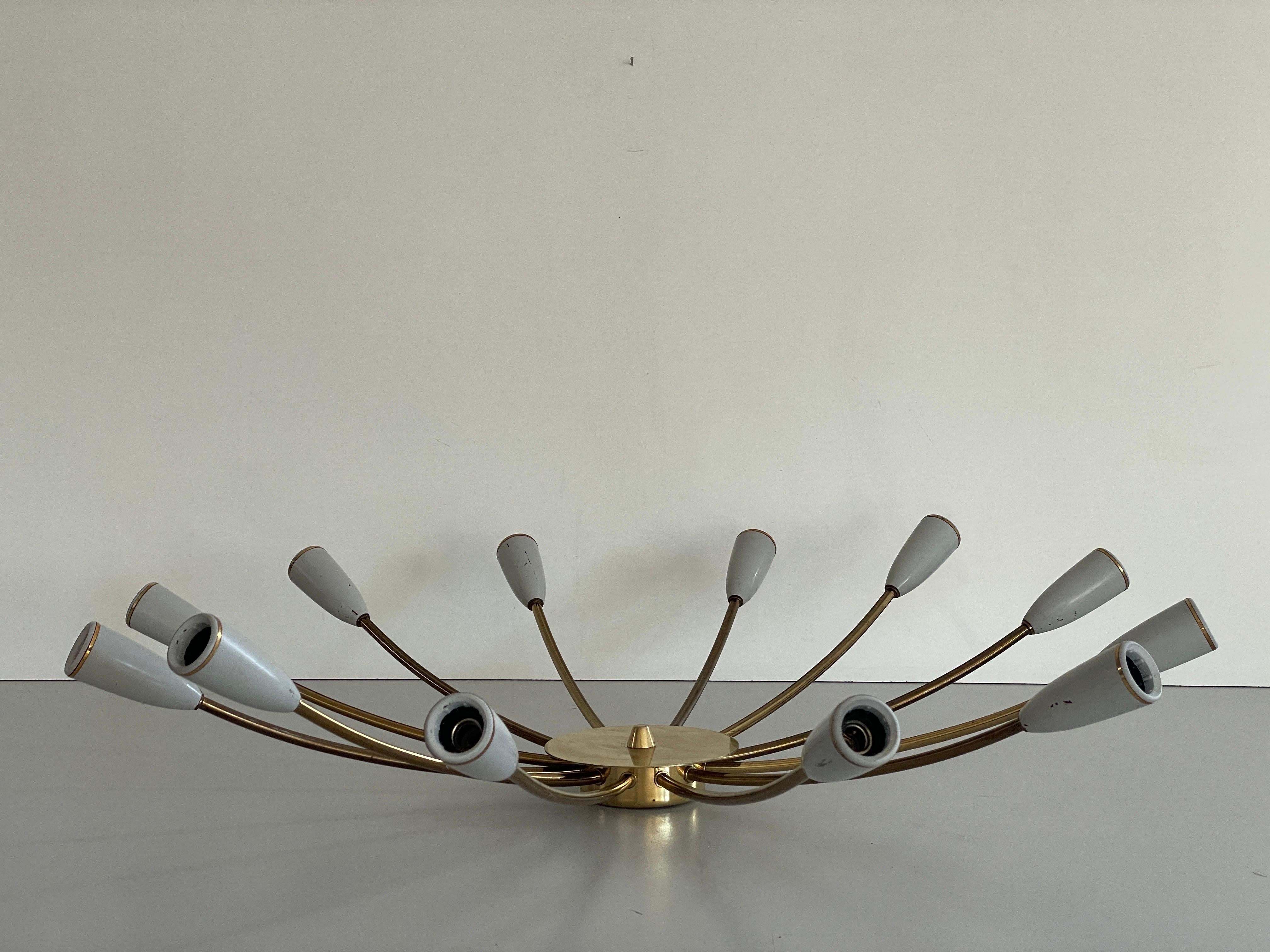 Mid-century Gray Metal and Brass Body 12-armed Ceiling Lamp, 1950s, Germany In condizioni ottime in vendita a Hagenbach, DE