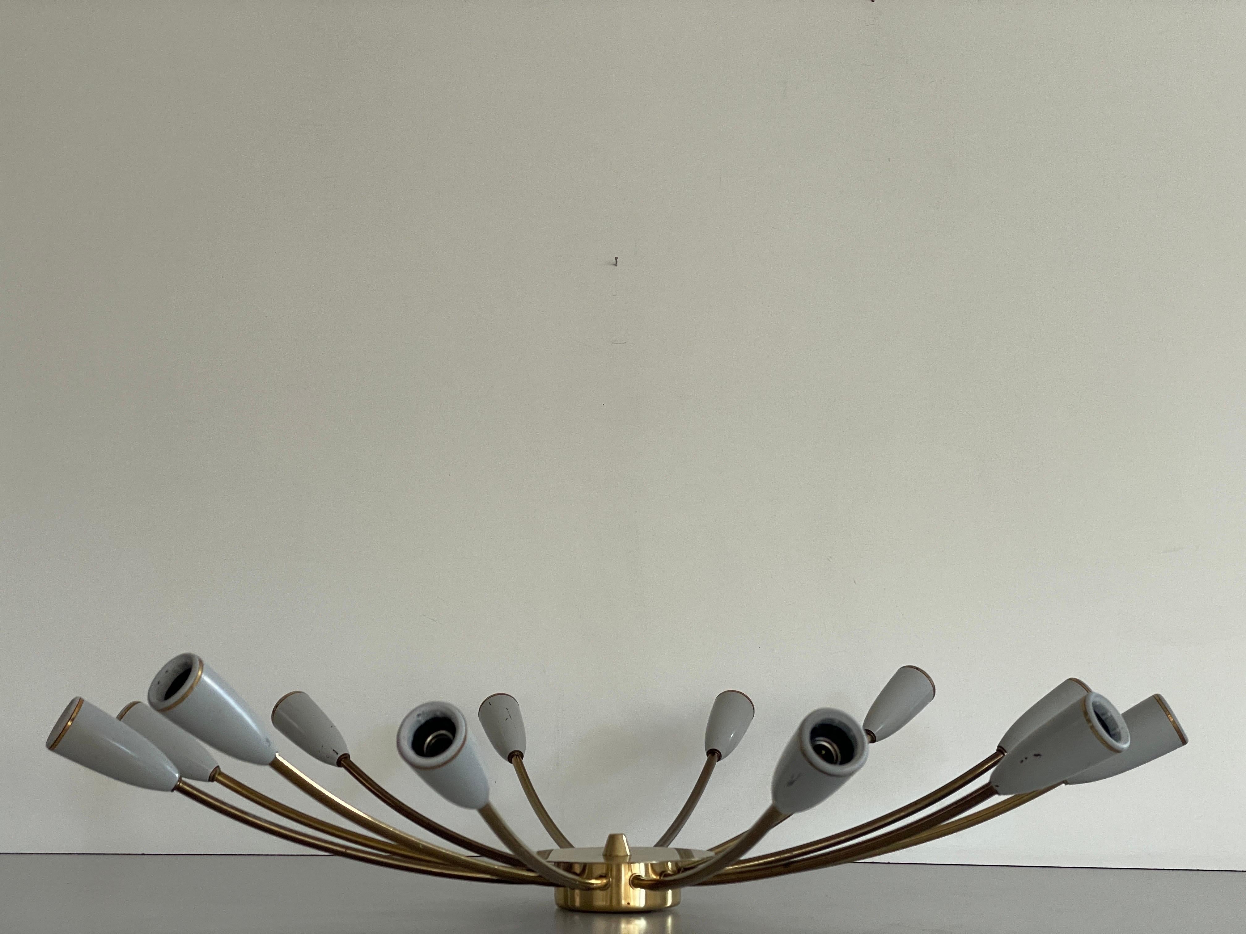 Metà XX secolo Mid-century Gray Metal and Brass Body 12-armed Ceiling Lamp, 1950s, Germany in vendita