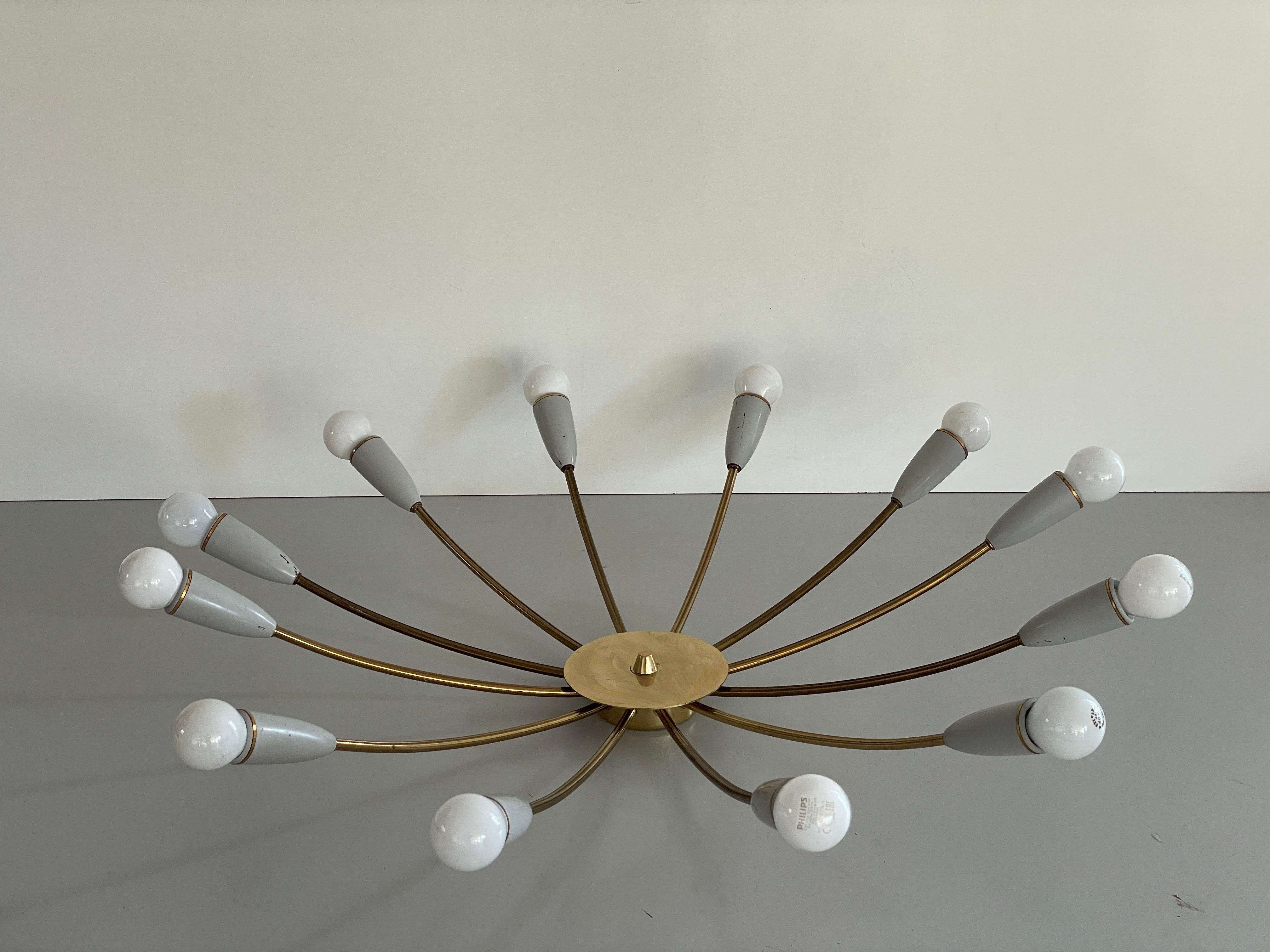 Mid-century Gray Metal and Brass Body 12-armed Ceiling Lamp, 1950s, Germany in vendita 2