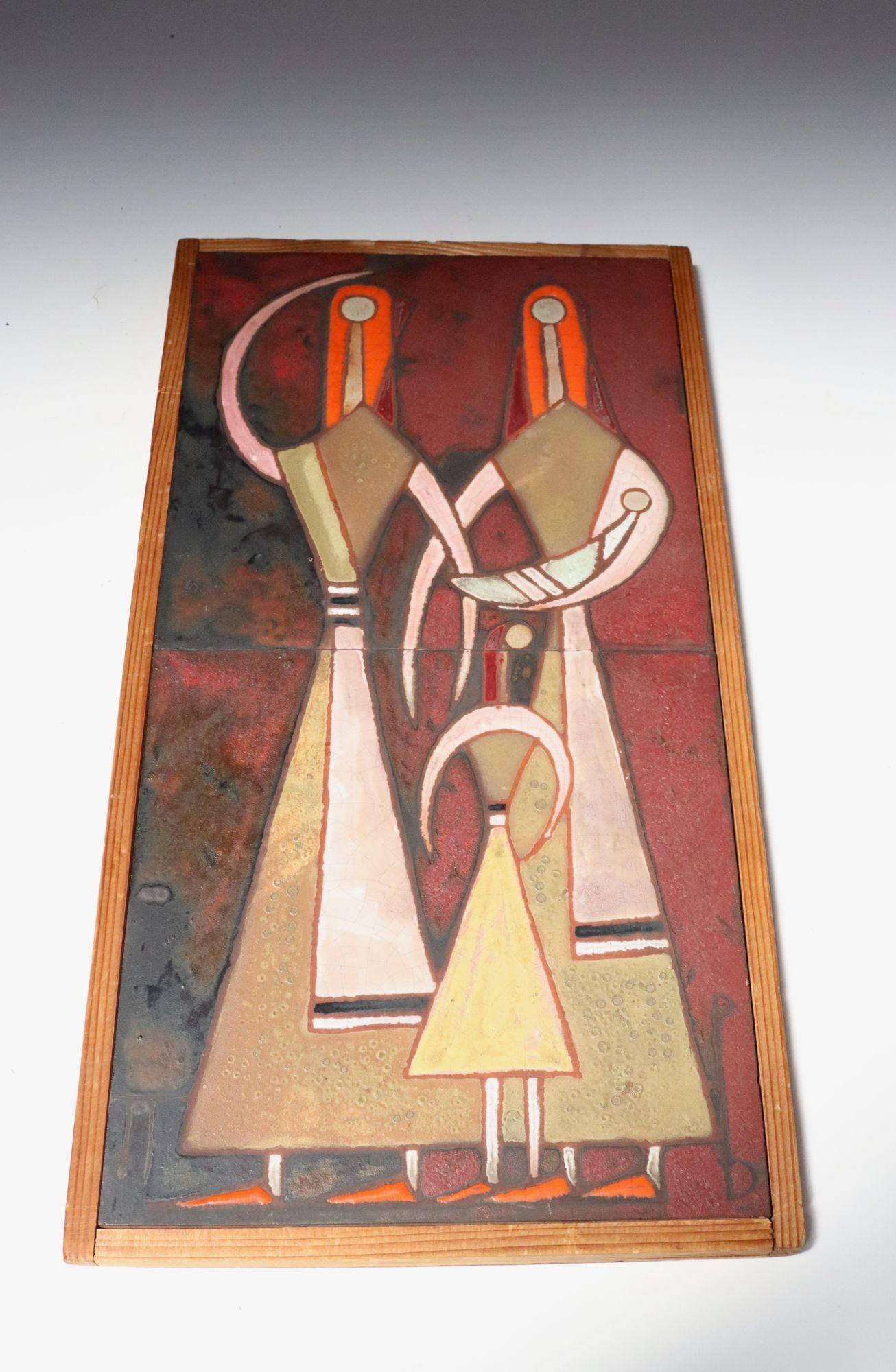 Tile wall art plaque by Panos Valsamakis (ca. 1960s, Greece). Though the Valsamakis workshop continues to operate despite Panos Valsamakis having passed away in 1986, certain studio works are no longer in production (this example included).
Figural