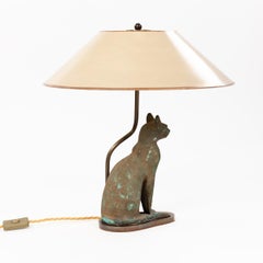 Mid-Century Greek Green Bastet Cat God Table Lamp Cast Iron Patinated 1940s
