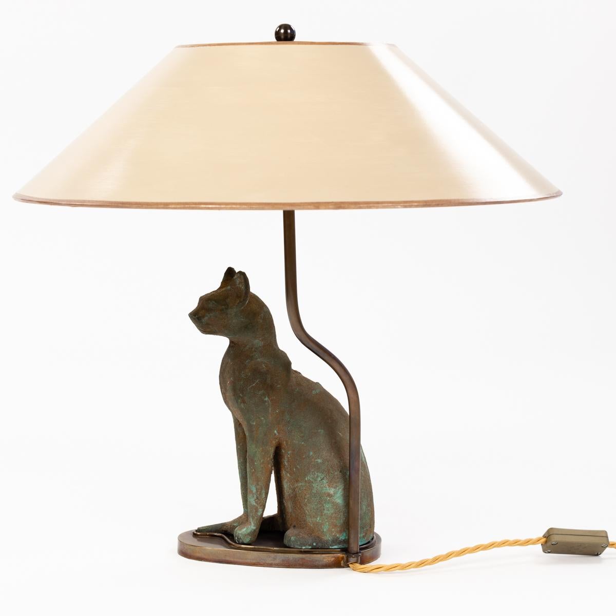 Art Deco Mid-Century Greek Green Bastet Cat God Table Lamp Cast Iron Patinated 1940s For Sale
