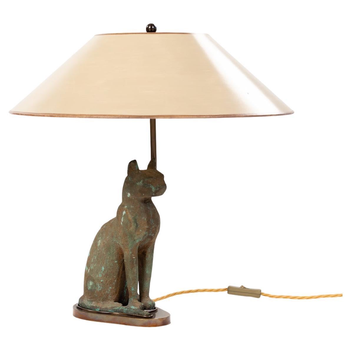 Mid-Century Greek Green Bastet Cat God Table Lamp Cast Iron Patinated 1940s For Sale