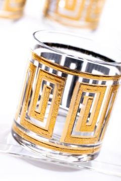 Midcentury Greek Key 22-Karat Gold Cocktail Mixer Set with Double Rocks Glasses