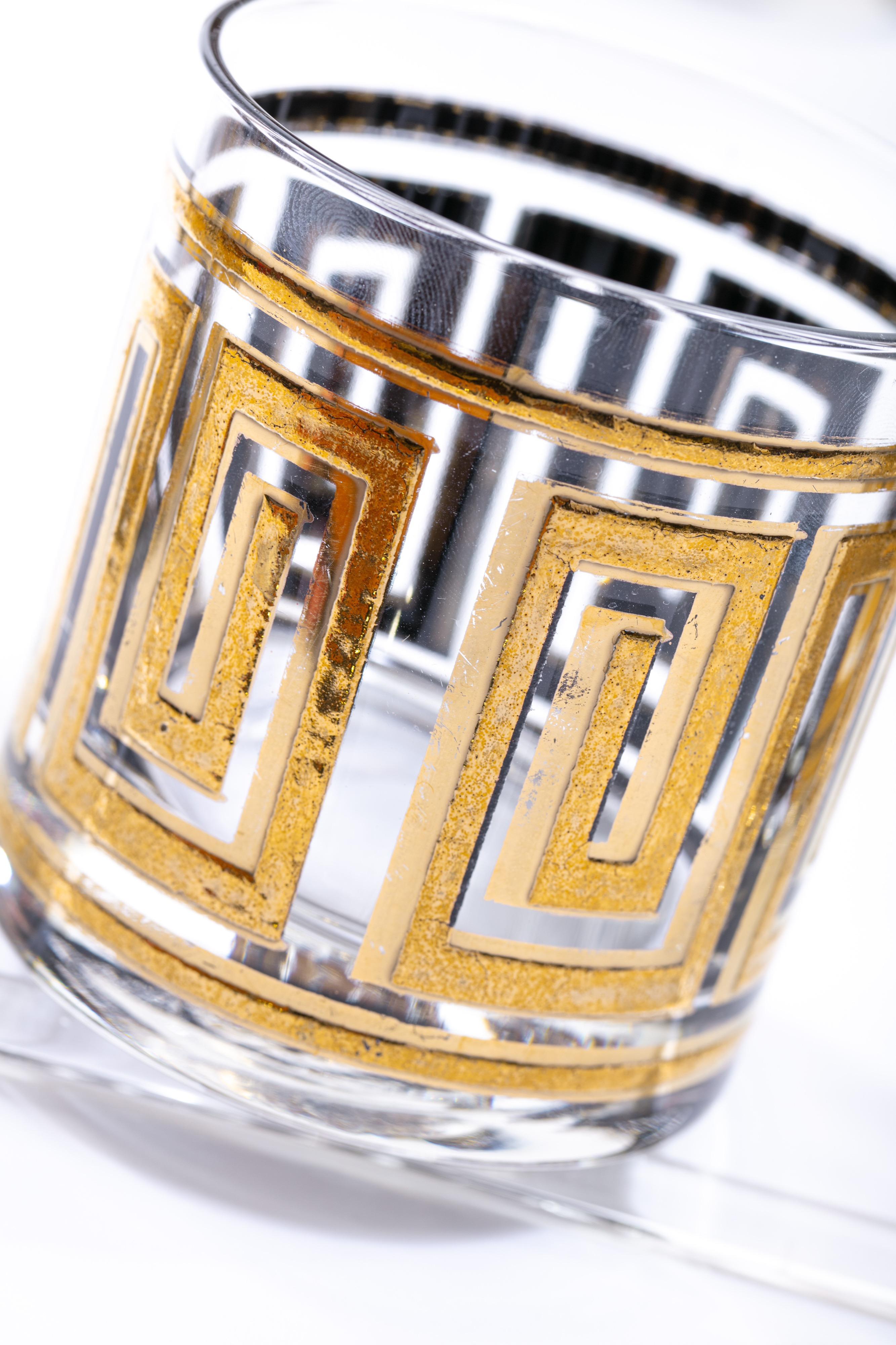 Mid-Century Modern Midcentury Greek Key 22-Karat Gold Cocktail Mixer Set with Double Rocks Glasses