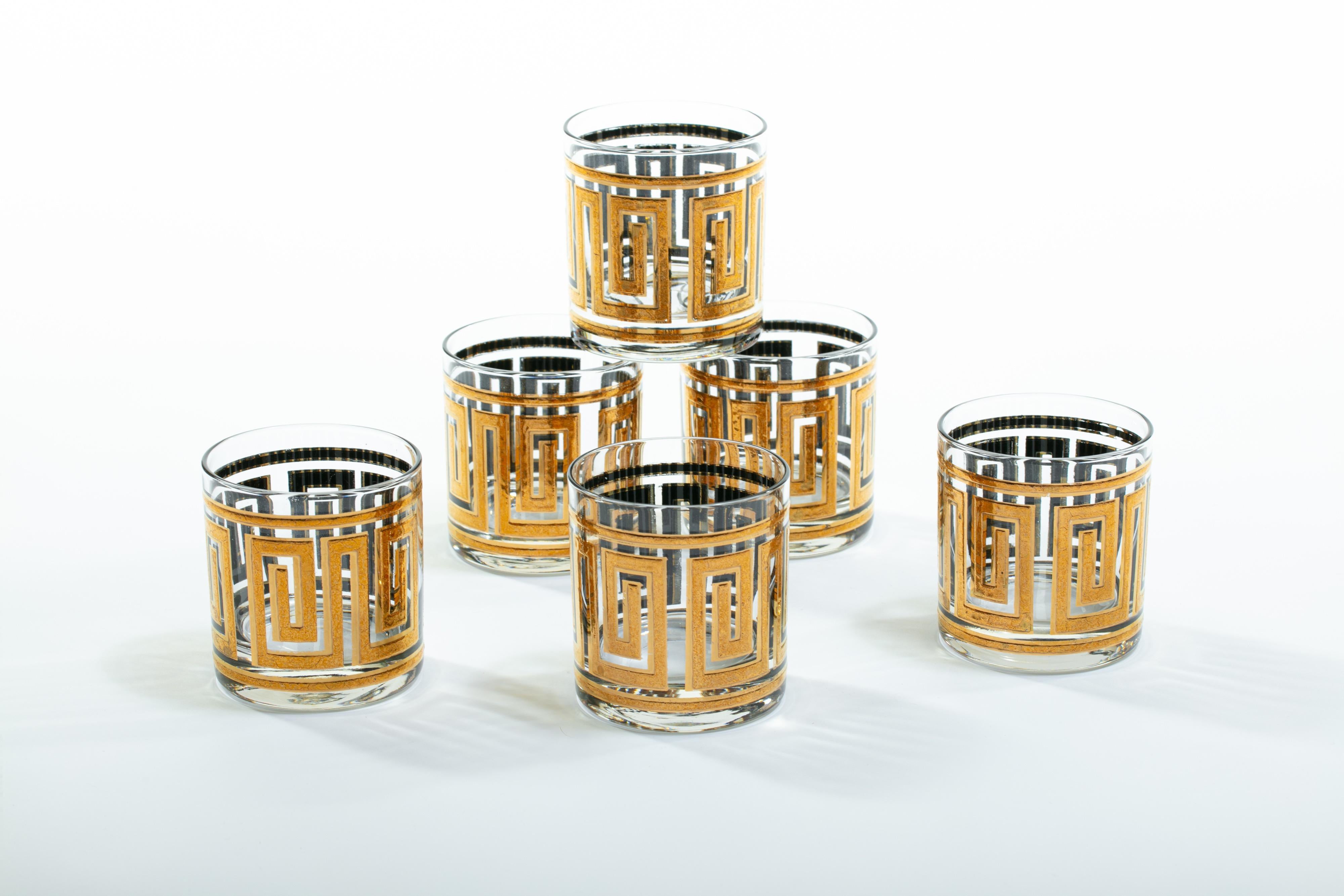 American Midcentury Greek Key 22-Karat Gold Cocktail Mixer Set with Double Rocks Glasses