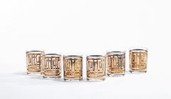 Midcentury Greek Key 22K Gold Cocktail Mixer and Set of 6 Rocks Glasses