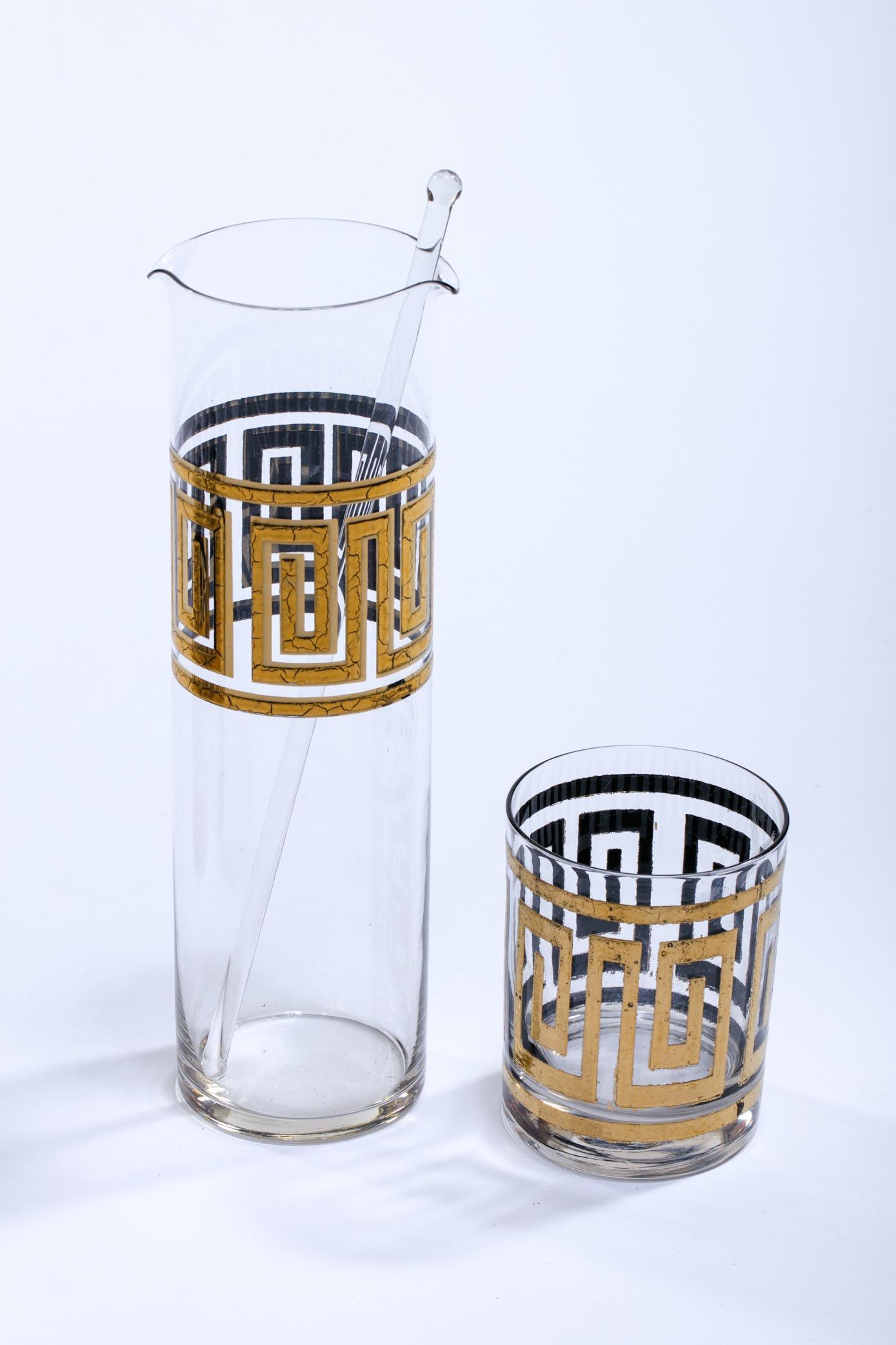 American Midcentury Greek Key 22K Gold Cocktail Mixer and Set of 6 Rocks Glasses