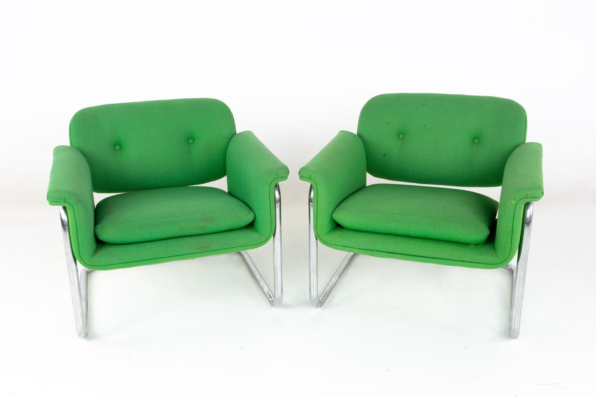 Mid-century green and chrome cantilever lounge chairs - a pair
These chairs measure: 31 wide x 27 deep x 28 inches high, with a seat height of 17 inches

All pieces of furniture can be had in what we call restored vintage condition. That means