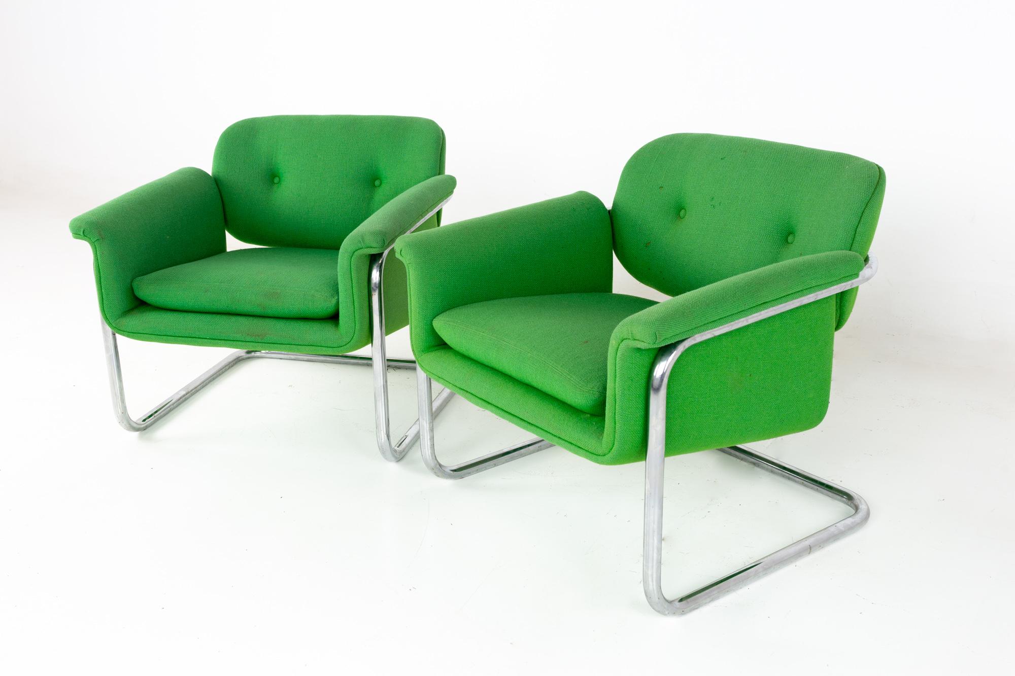 Mid-Century Modern Mid Century Green and Chrome Cantilever Lounge Chairs, a Pair