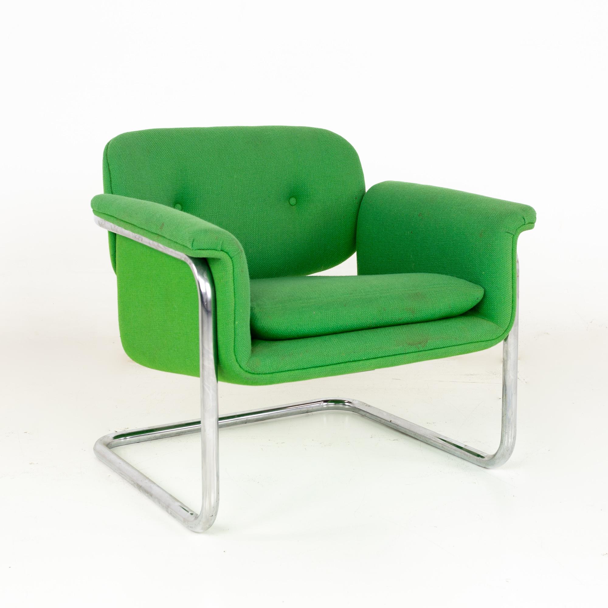 American Mid Century Green and Chrome Cantilever Lounge Chairs, a Pair