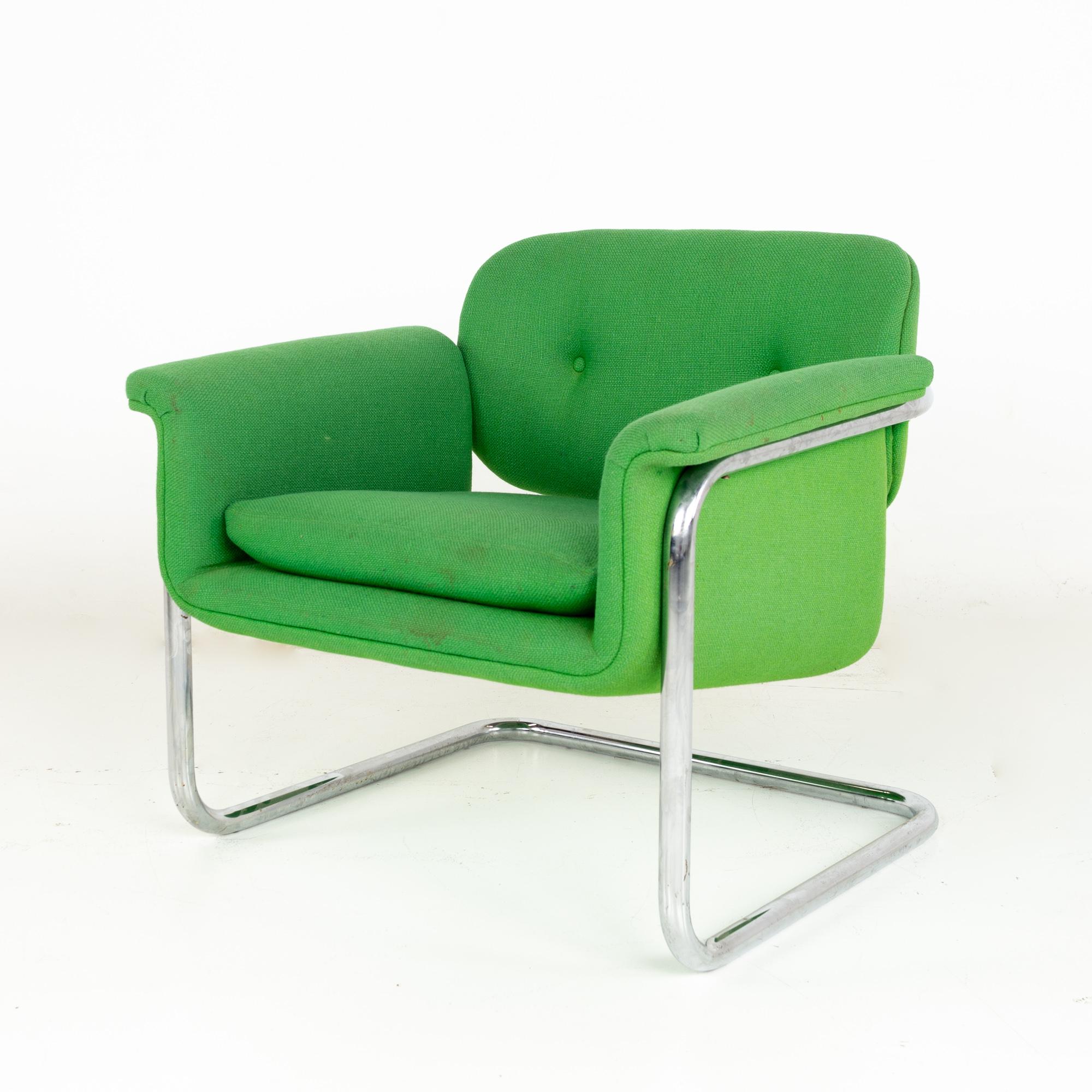 Late 20th Century Mid Century Green and Chrome Cantilever Lounge Chairs, a Pair