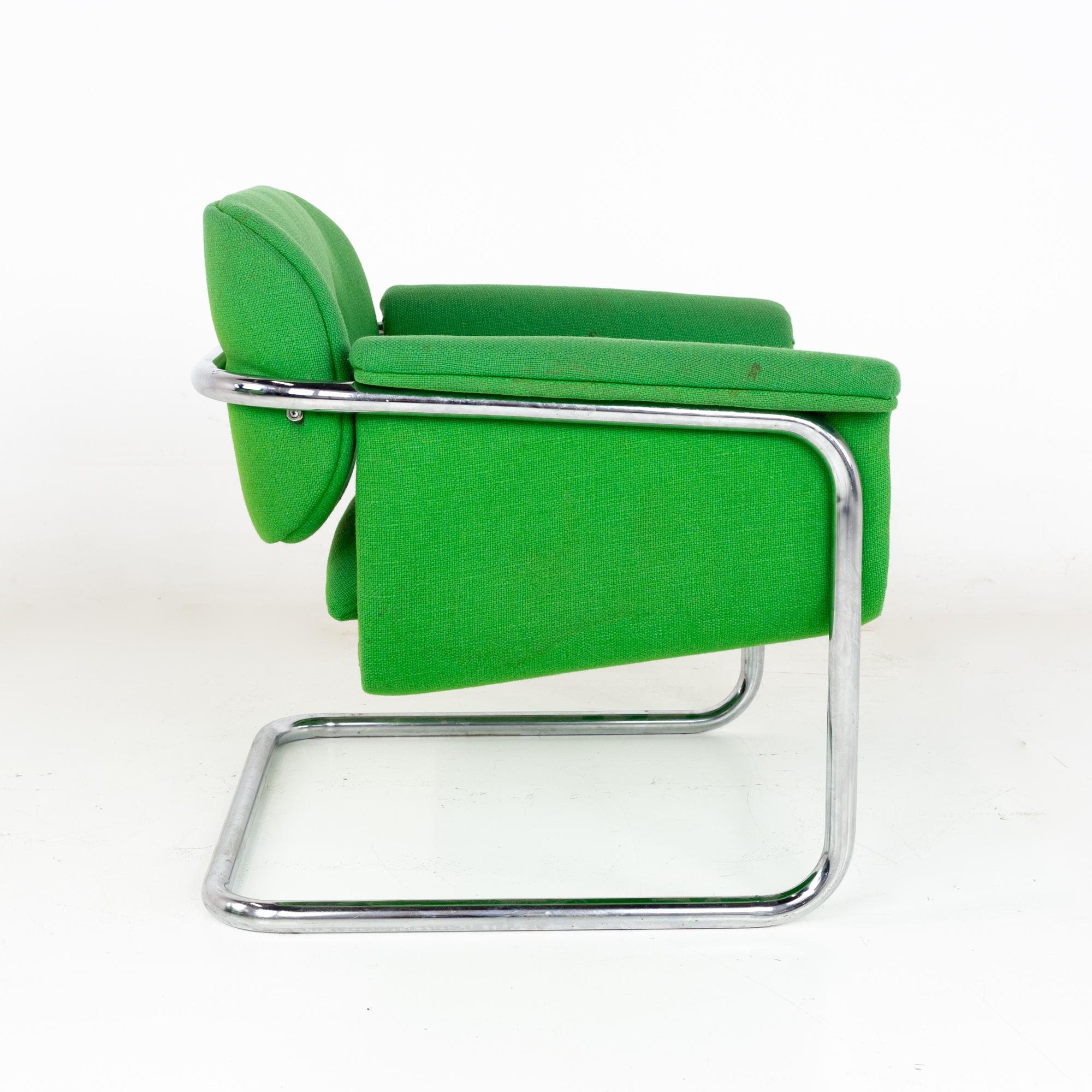 Upholstery Mid Century Green and Chrome Cantilever Lounge Chairs, a Pair
