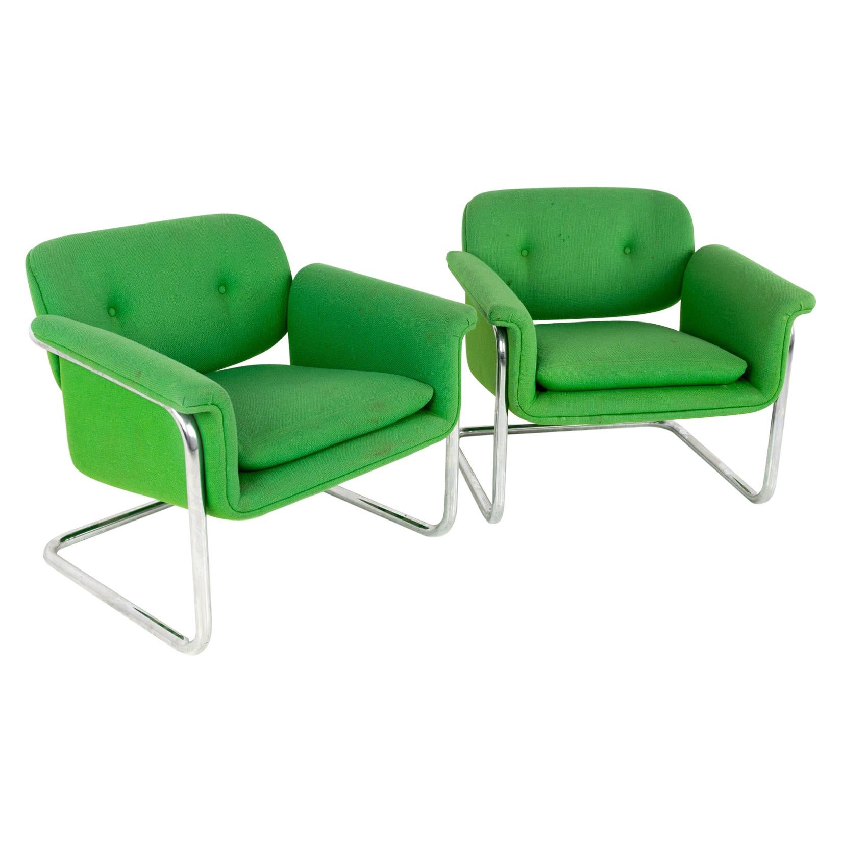 Mid Century Green and Chrome Cantilever Lounge Chairs, a Pair