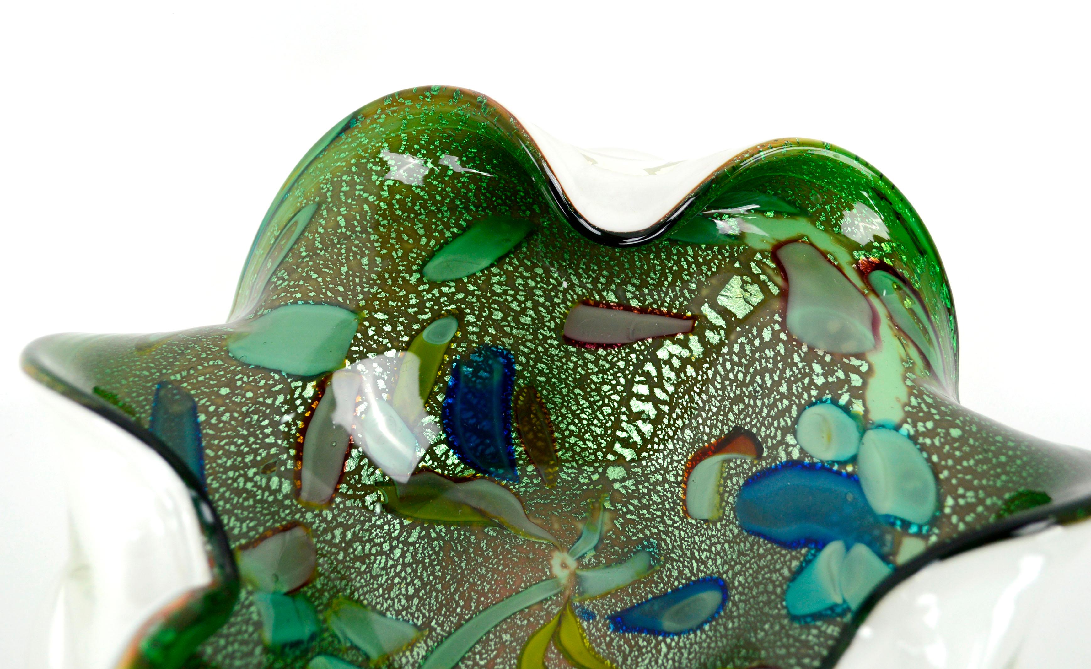 Mid-Century Modern Mid Century Green and Cyan Flecked Avventurina Murrina Murano Glass Ruffled Bowl For Sale