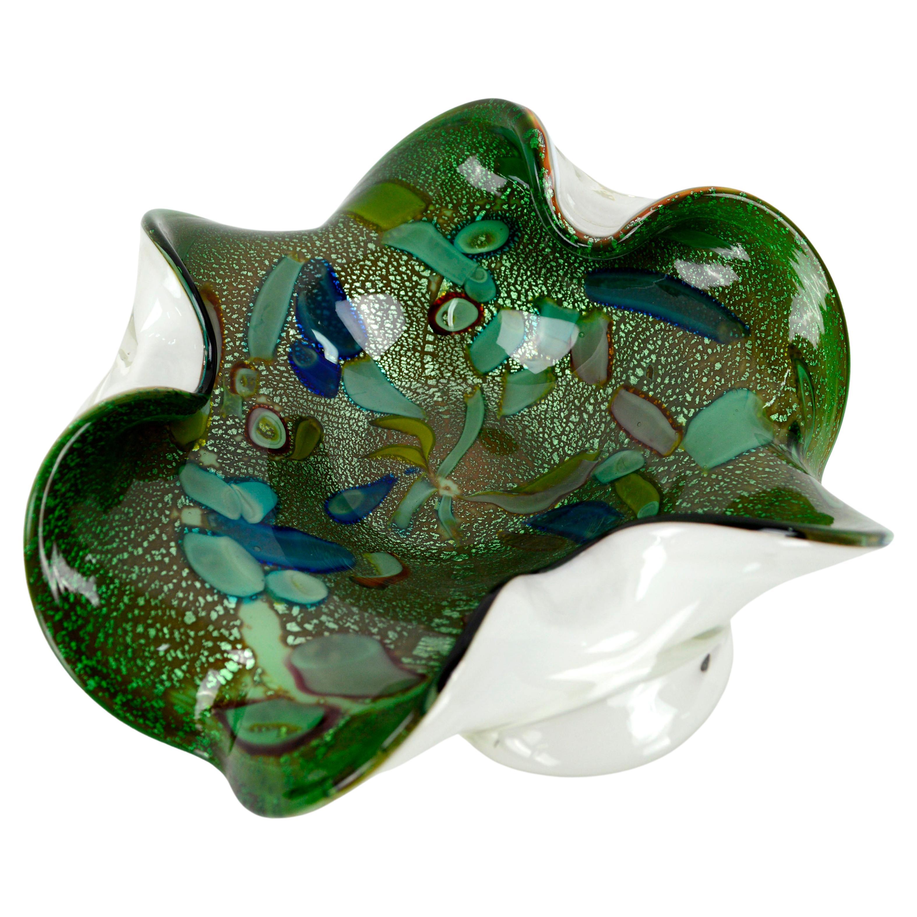 Mid Century Green and Cyan Flecked Avventurina Murrina Murano Glass Ruffled Bowl