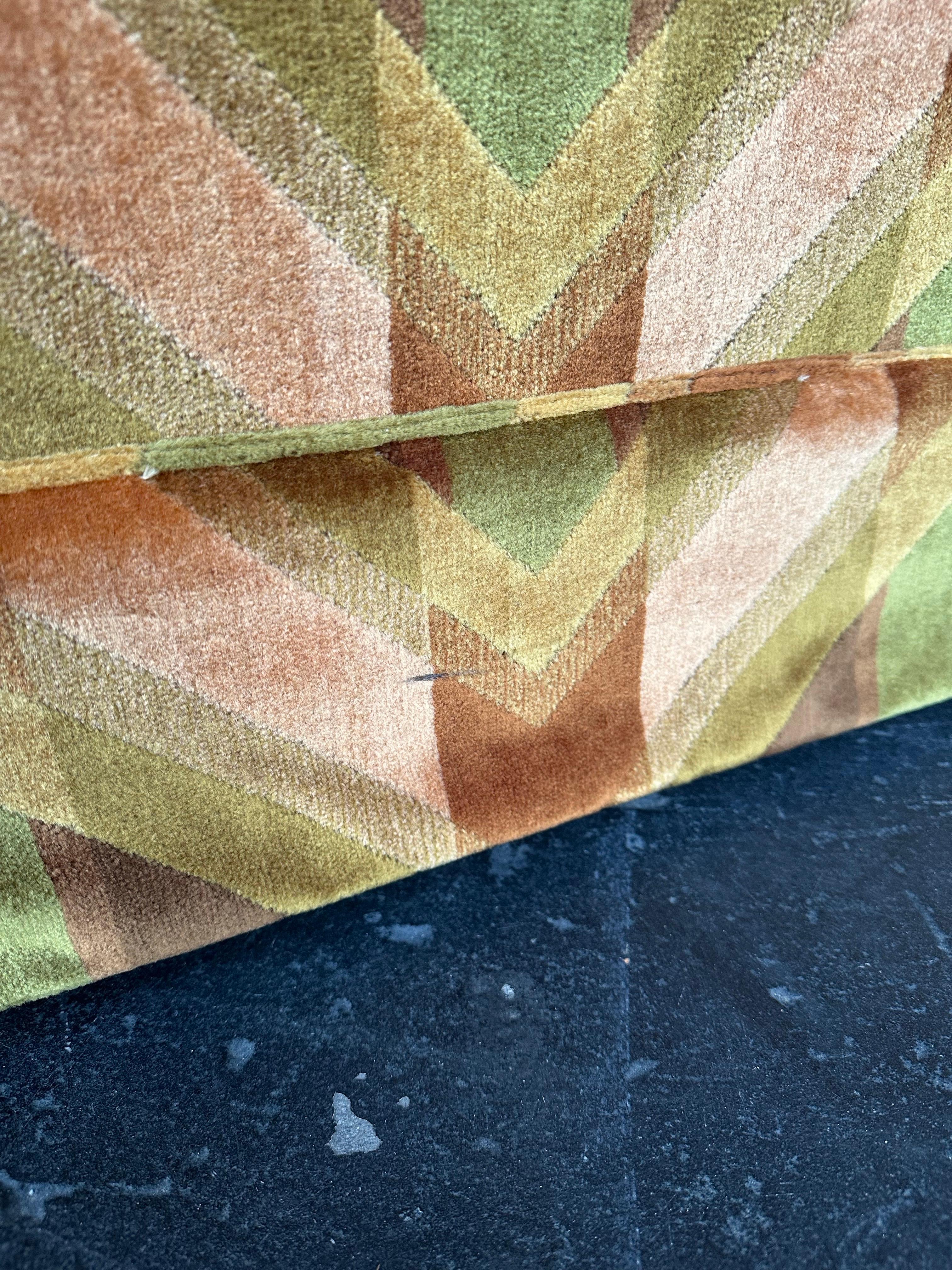 Mid Century Green and Peach Chevron Print Velvet Sofa 3