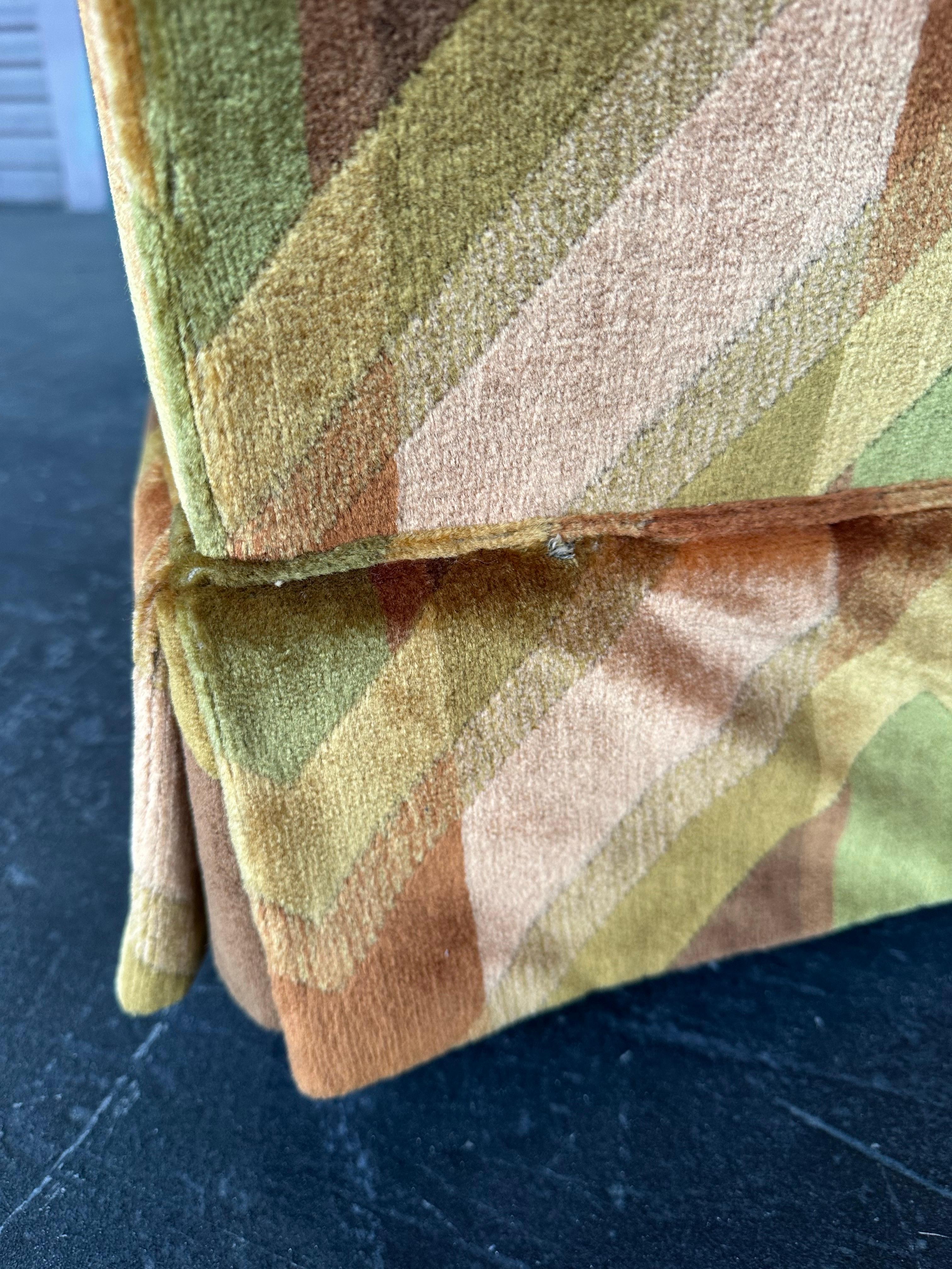 Mid Century Green and Peach Chevron Print Velvet Sofa 4