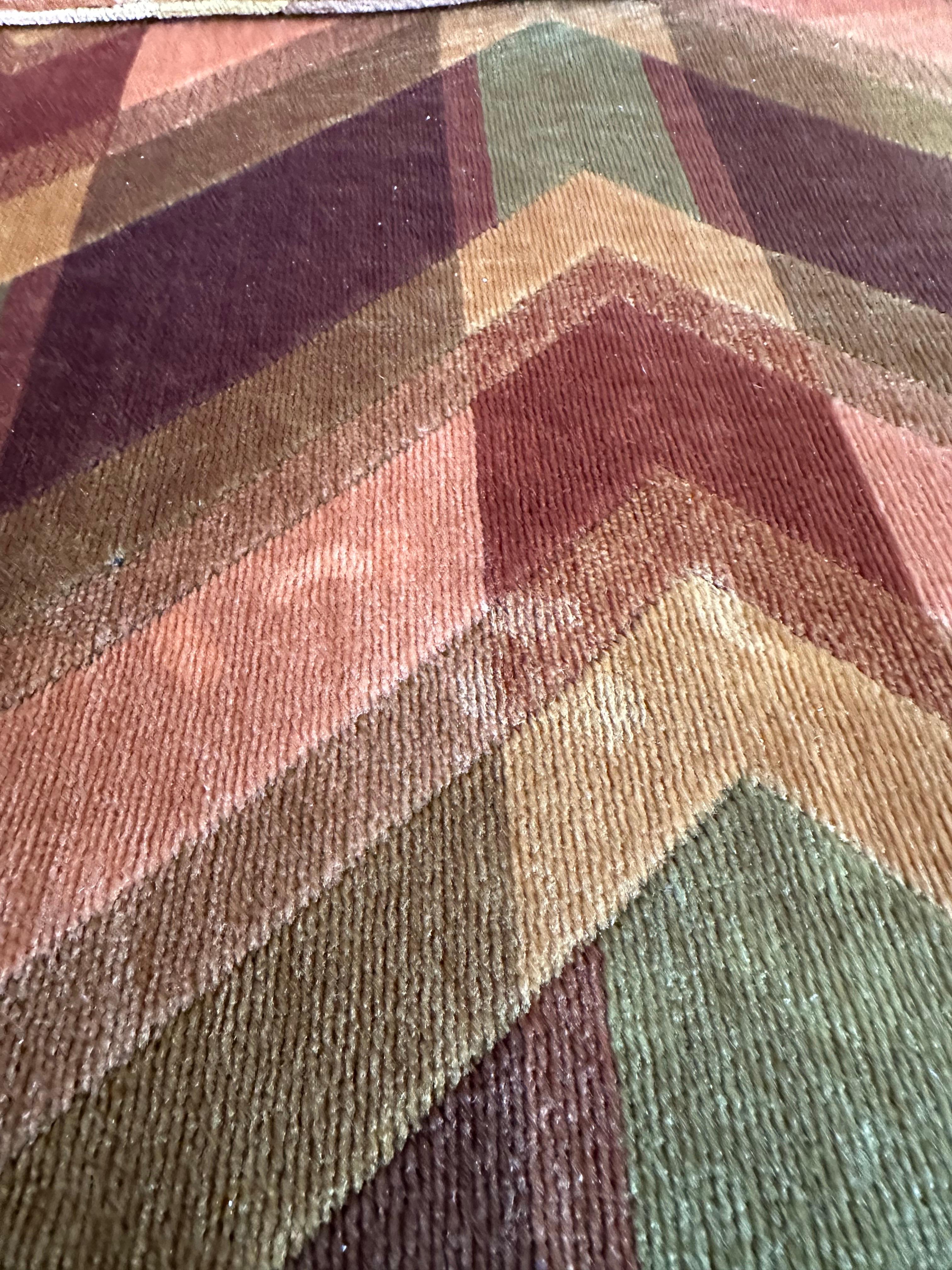 Mid Century Green and Peach Chevron Print Velvet Sofa 5