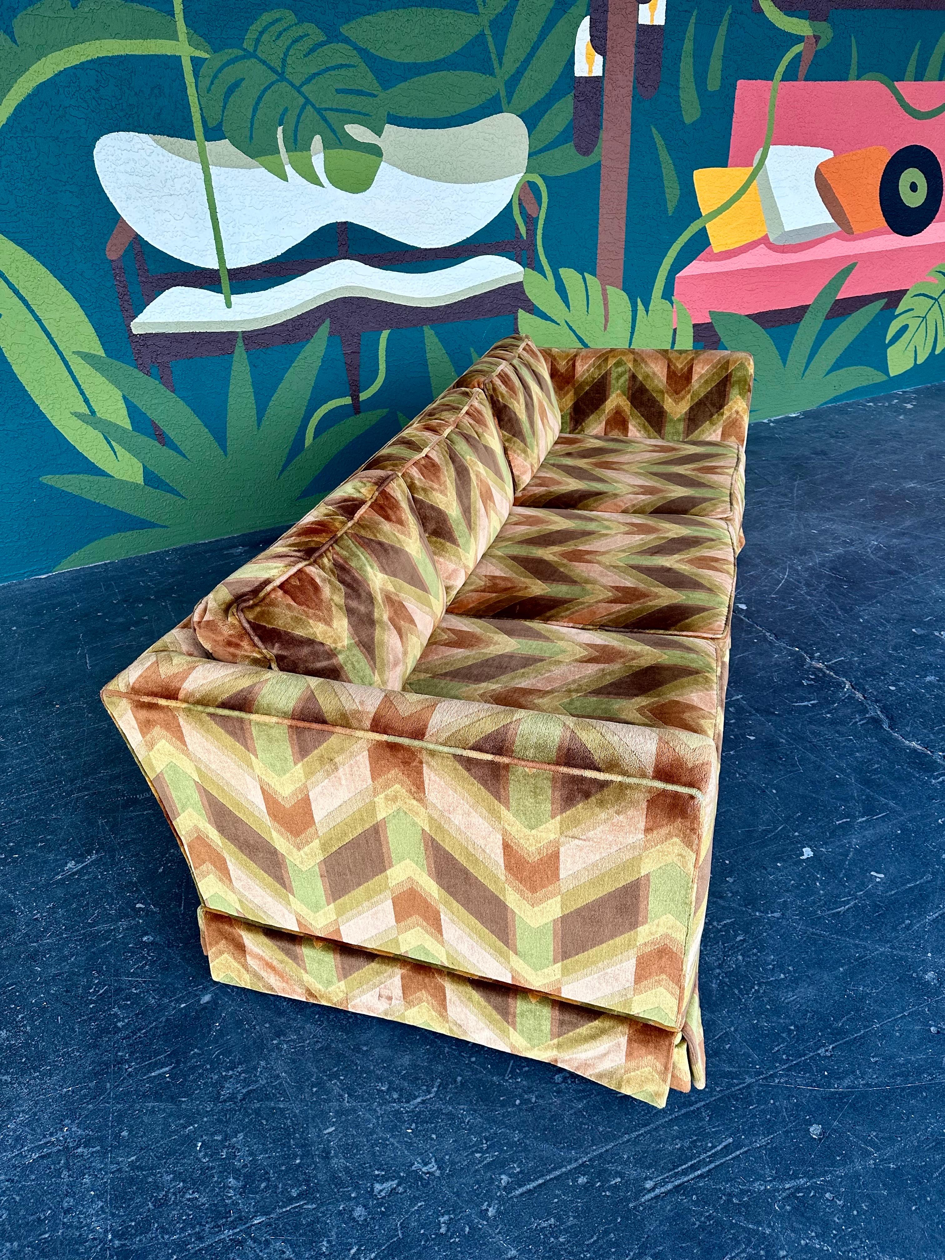 Mid-Century Modern Mid Century Green and Peach Chevron Print Velvet Sofa
