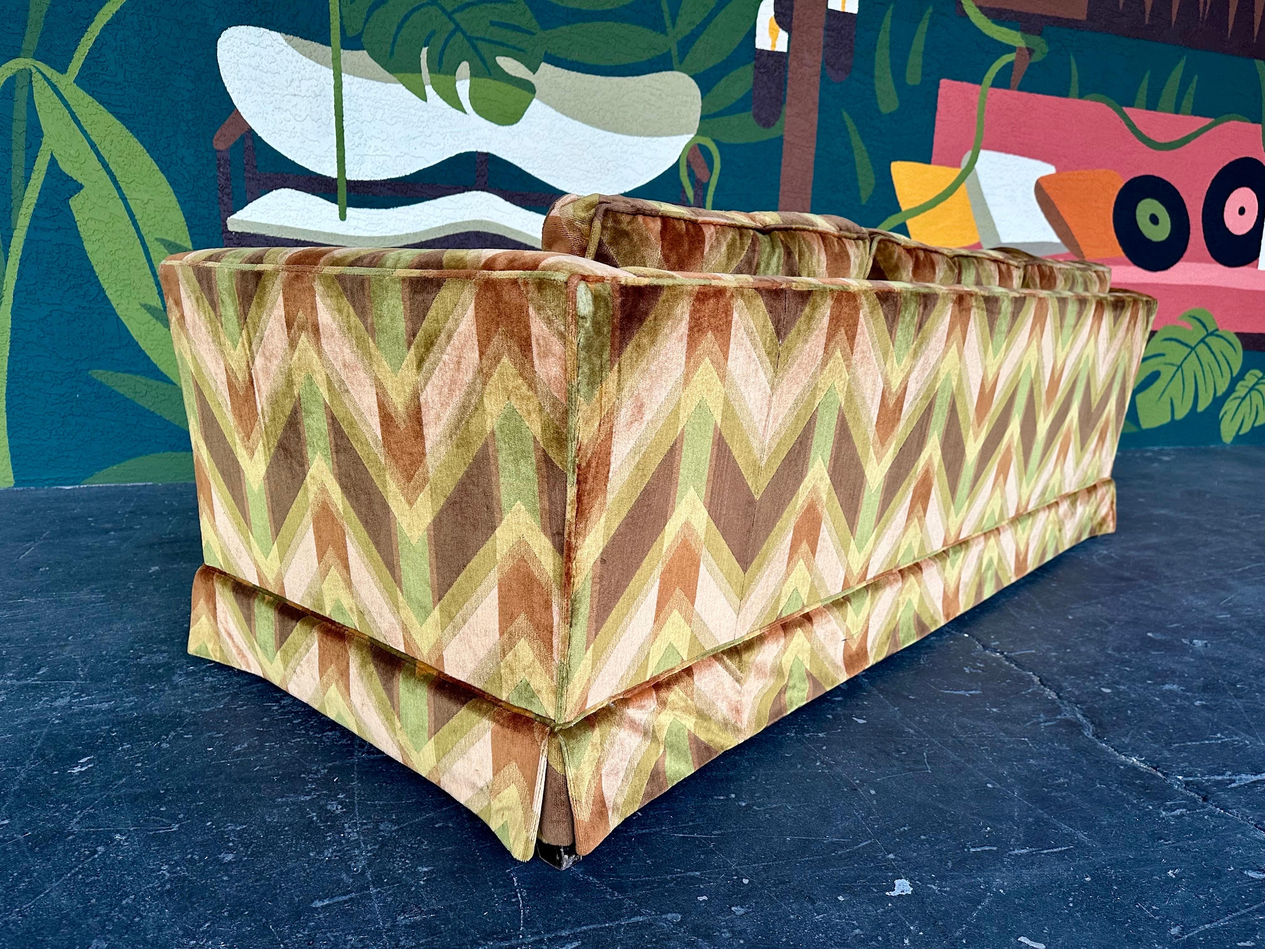 American Mid Century Green and Peach Chevron Print Velvet Sofa