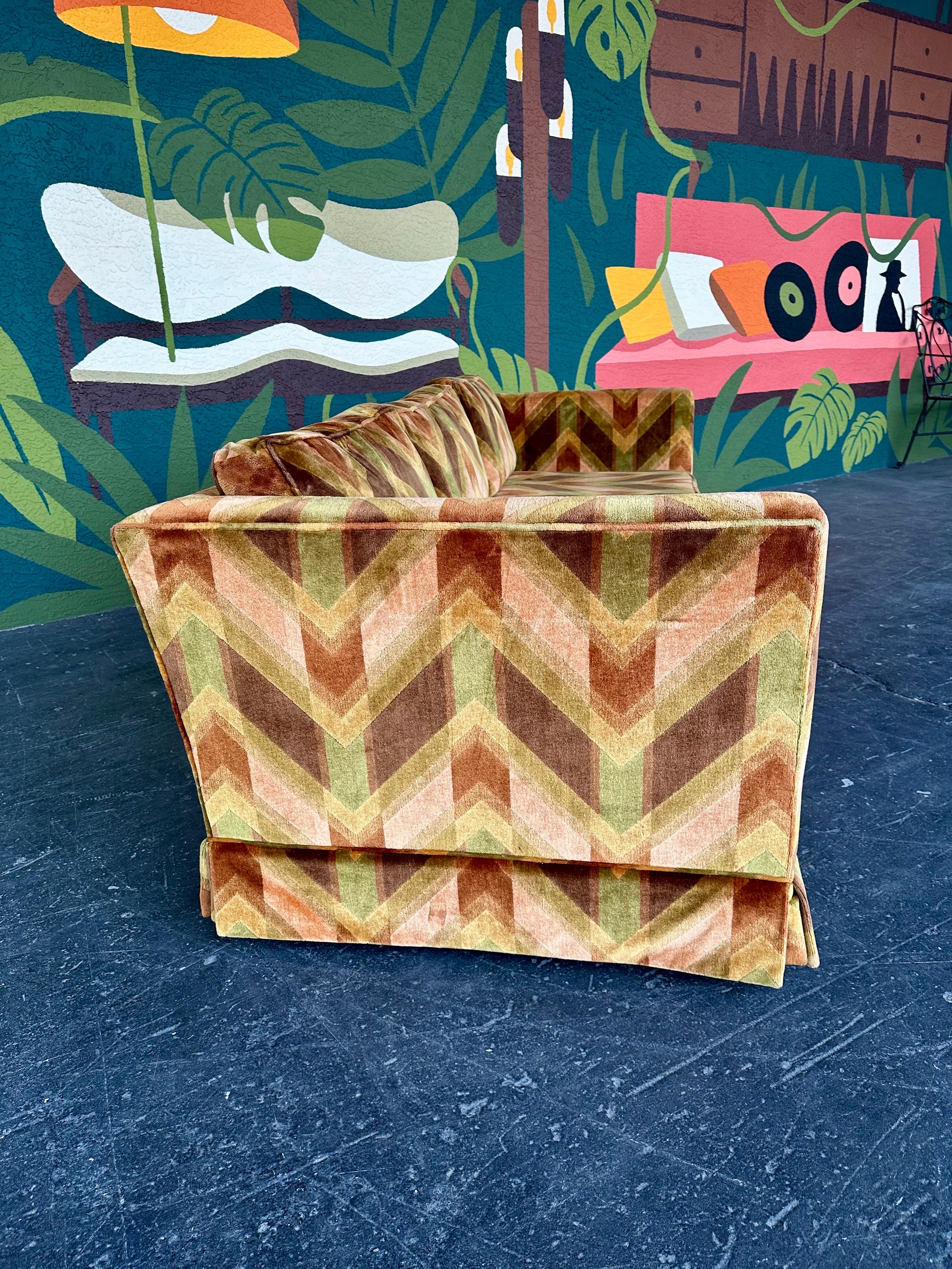Mid Century Green and Peach Chevron Print Velvet Sofa In Good Condition In Lutz, FL
