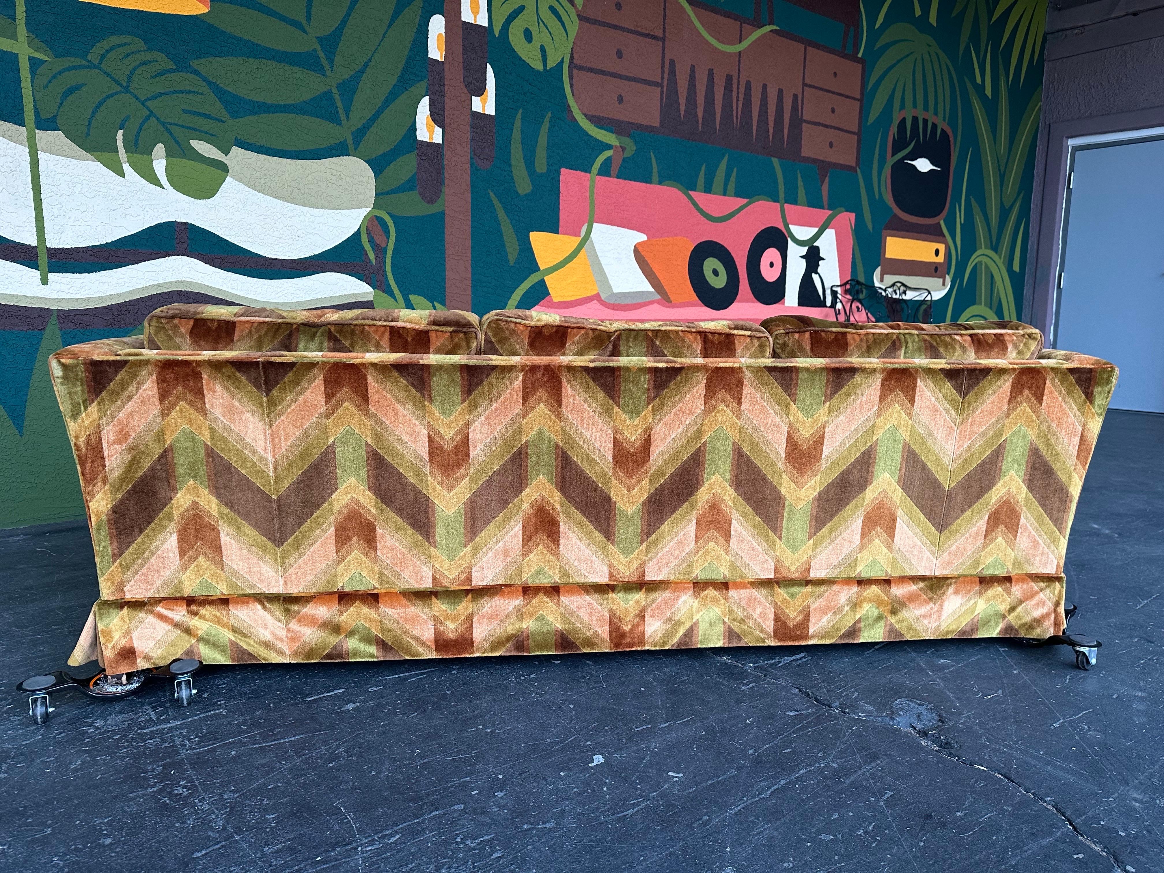 20th Century Mid Century Green and Peach Chevron Print Velvet Sofa