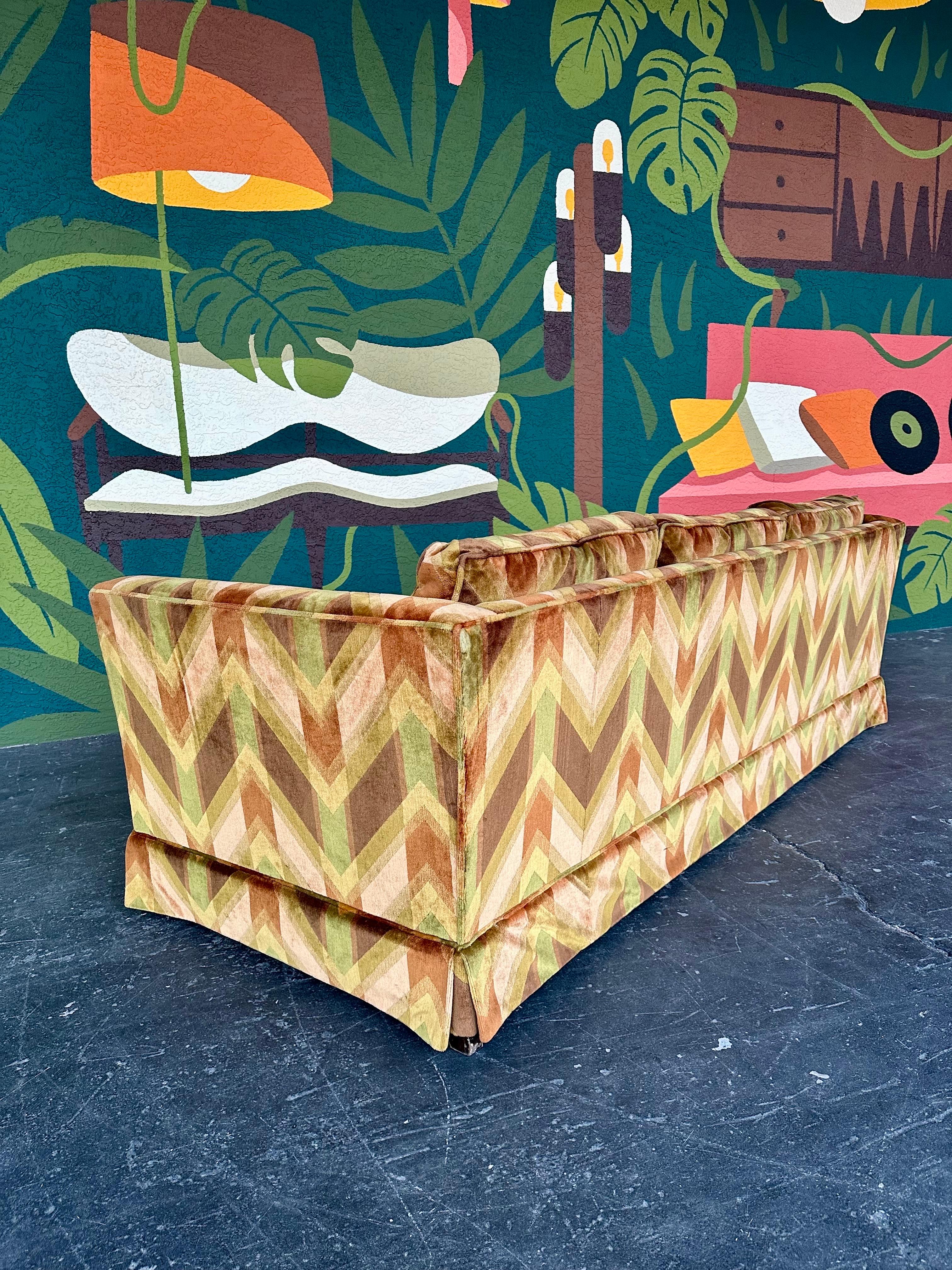 Wood Mid Century Green and Peach Chevron Print Velvet Sofa