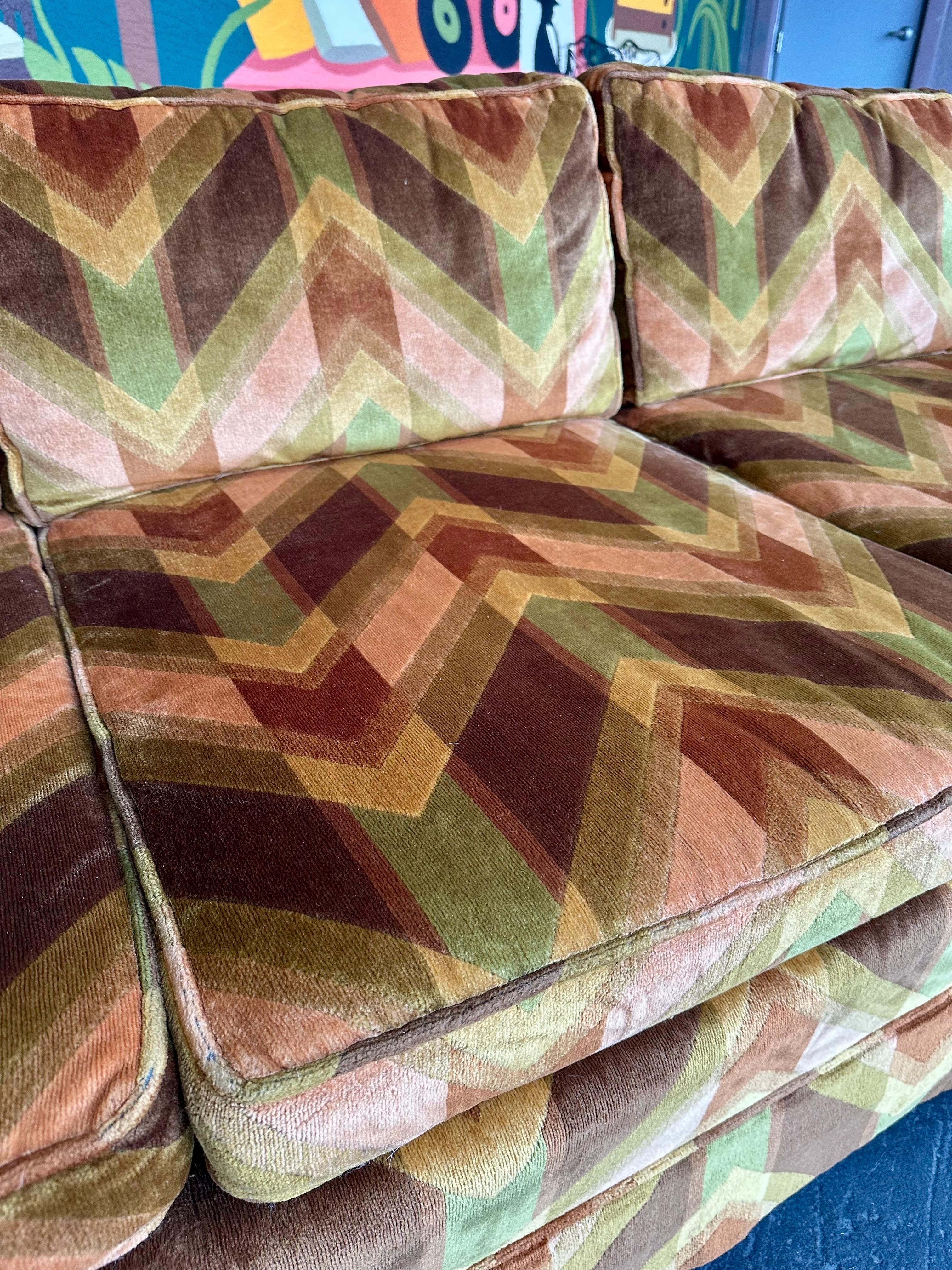 Mid Century Green and Peach Chevron Print Velvet Sofa 1