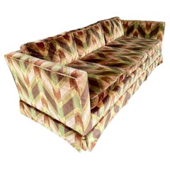 Mid Century Green and Peach Chevron Print Velvet Sofa