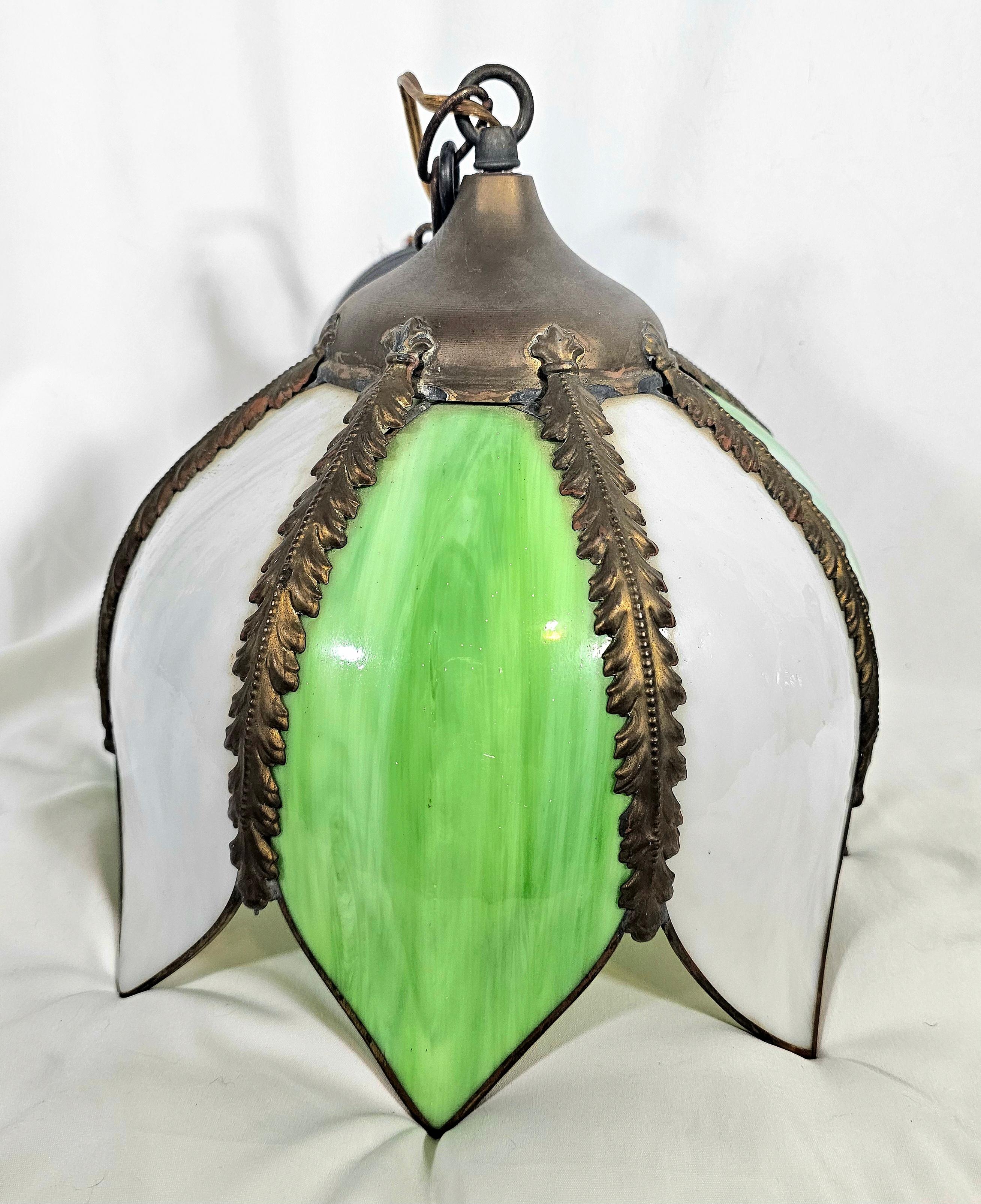 Mid Century Green and White Slag Glass Tulip Pendant Light For Sale 2