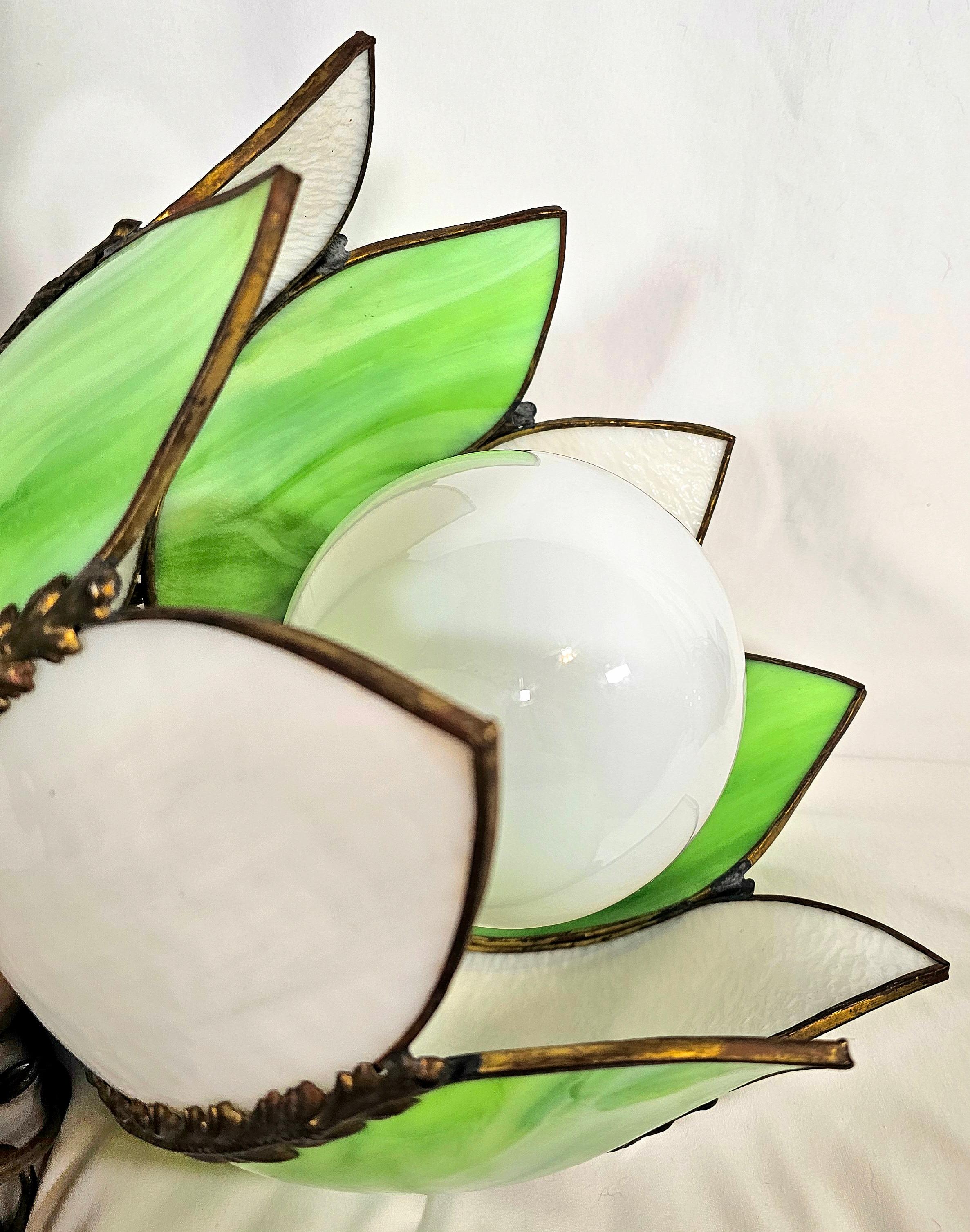 Mid Century Green and White Slag Glass Tulip Pendant Light For Sale 4