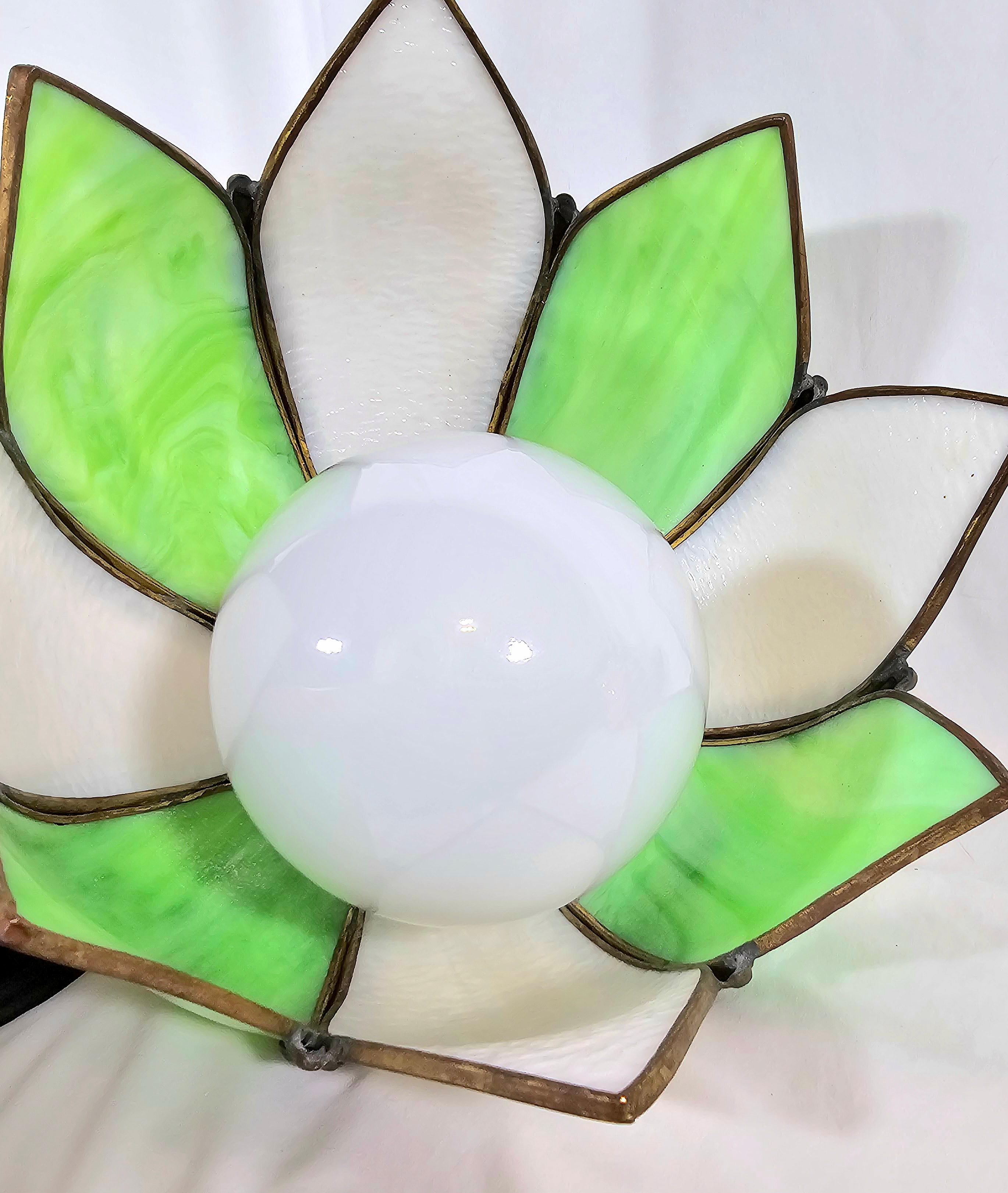 Mid Century Green and White Slag Glass Tulip Pendant Light For Sale 5