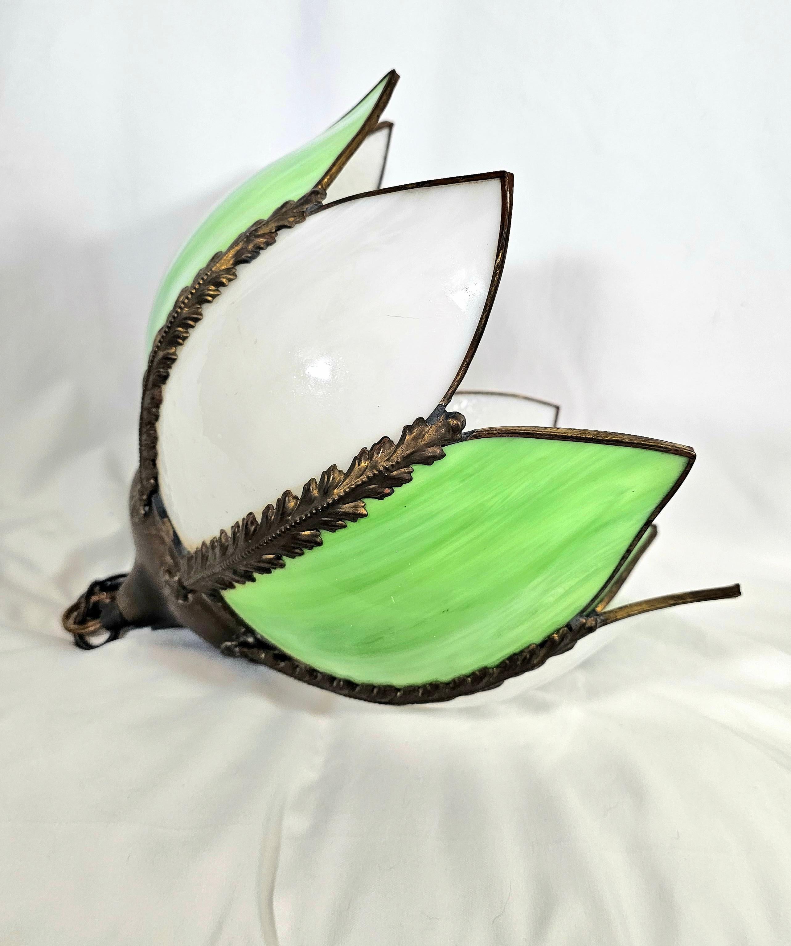 Mid Century Green and White Slag Glass Tulip Pendant Light For Sale 6
