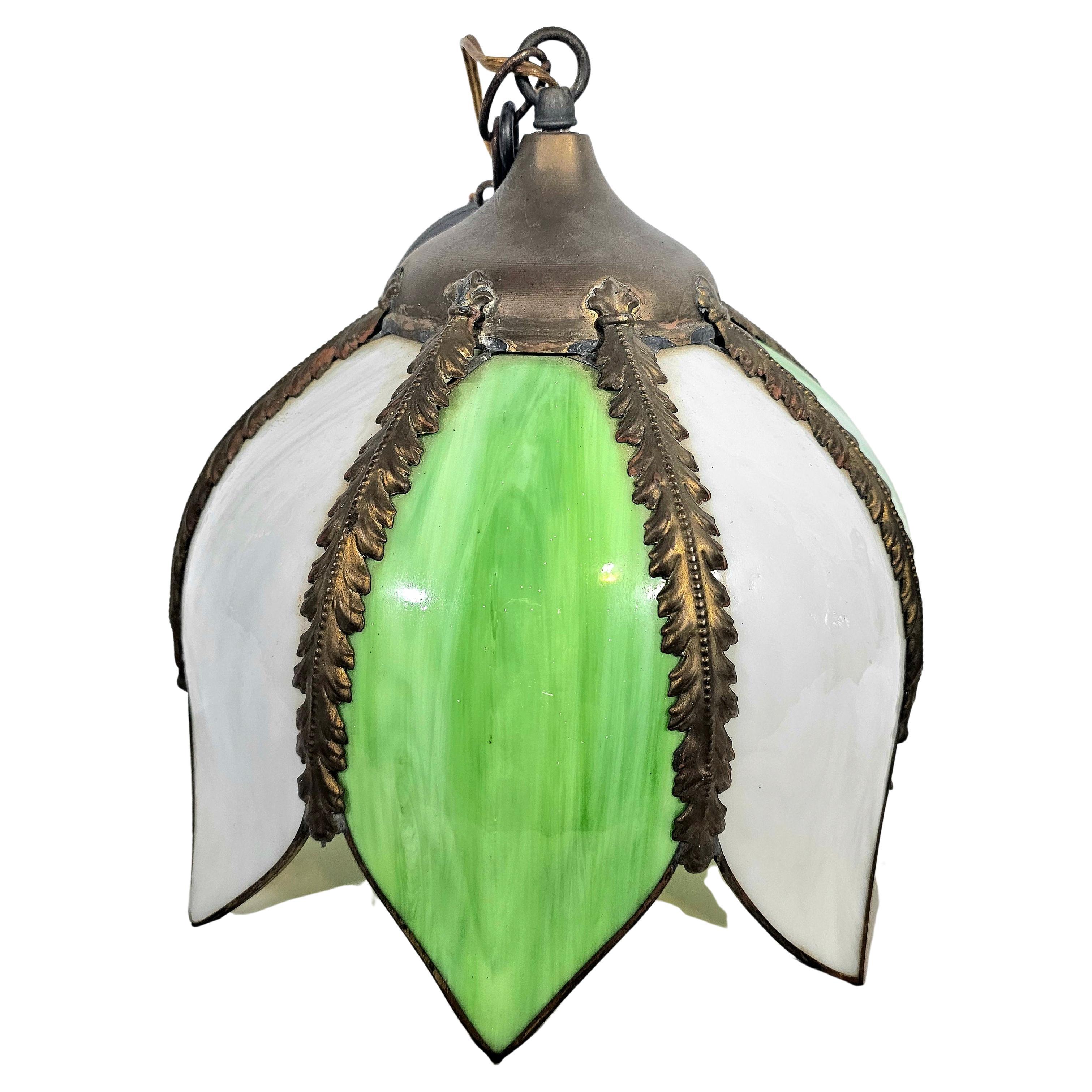 Mid Century Green and White Slag Glass Tulip Pendant Light For Sale